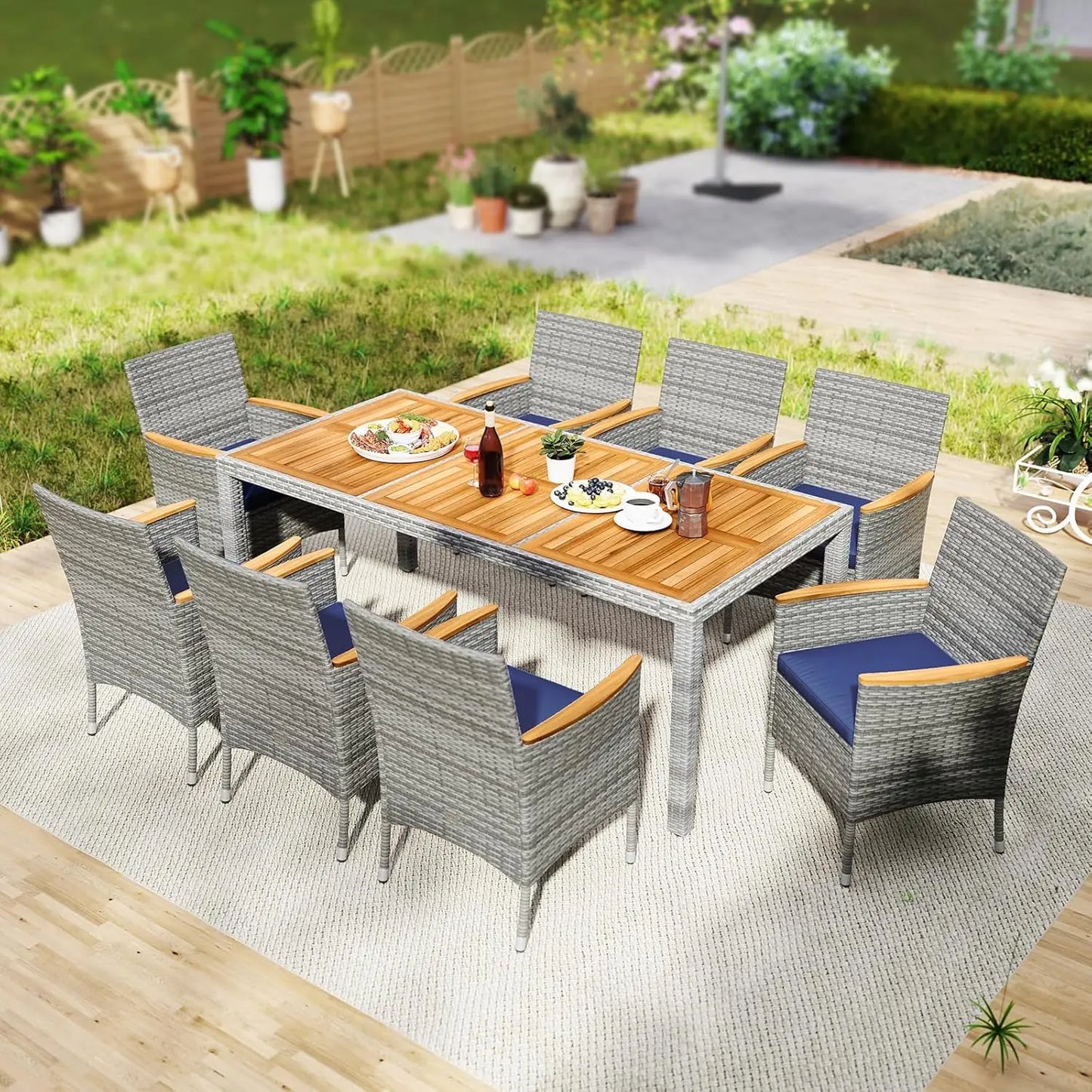 Rattan Outdoor Dining Set With Wicker Chairs And Acacia Table