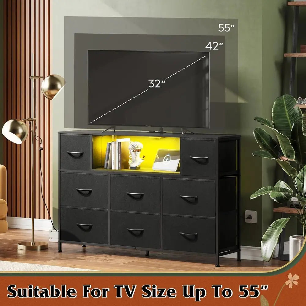 Modern TV Stand With LED Lights Charging Station 8 Drawers