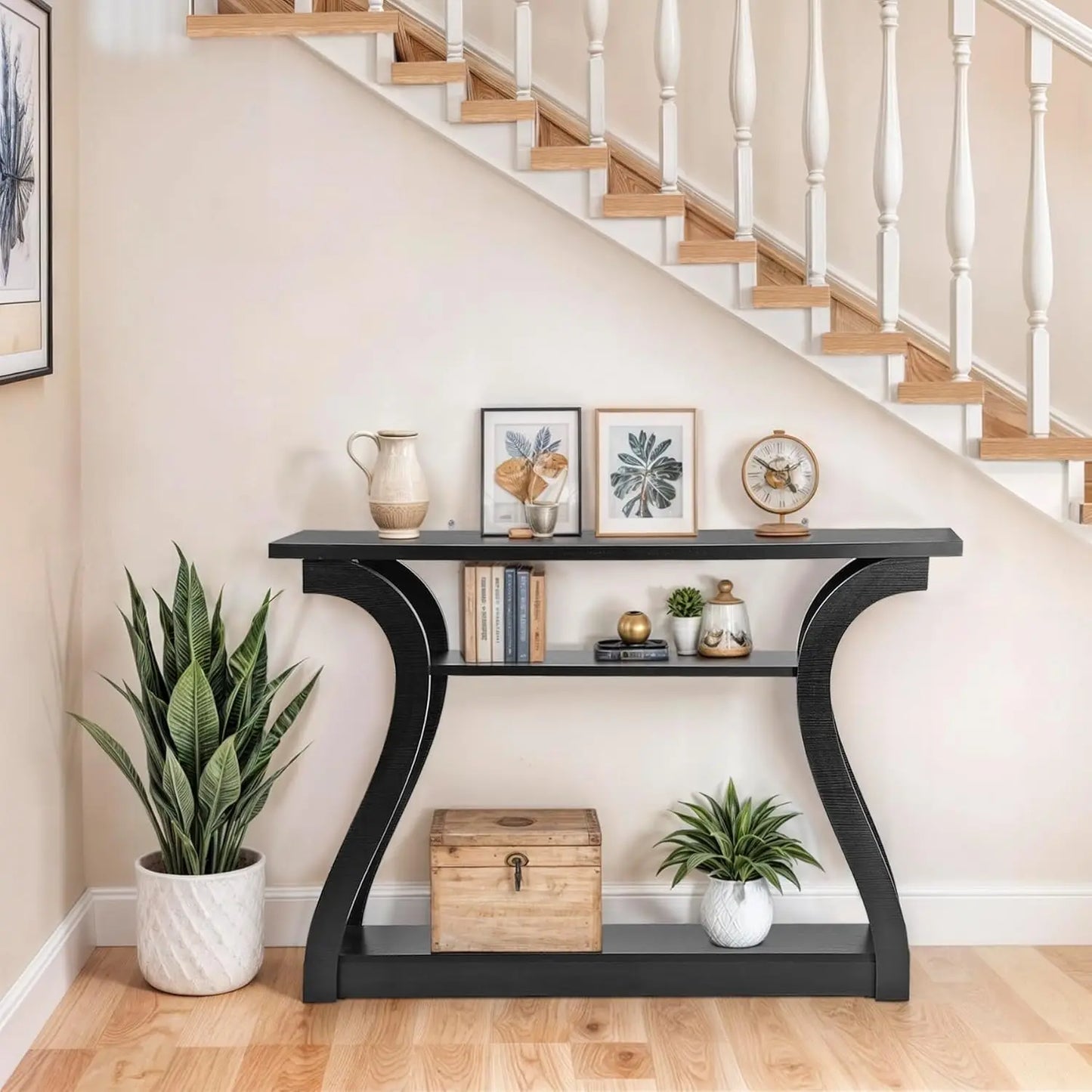 Console Table With Three Tier Storage Shelves For Entryway