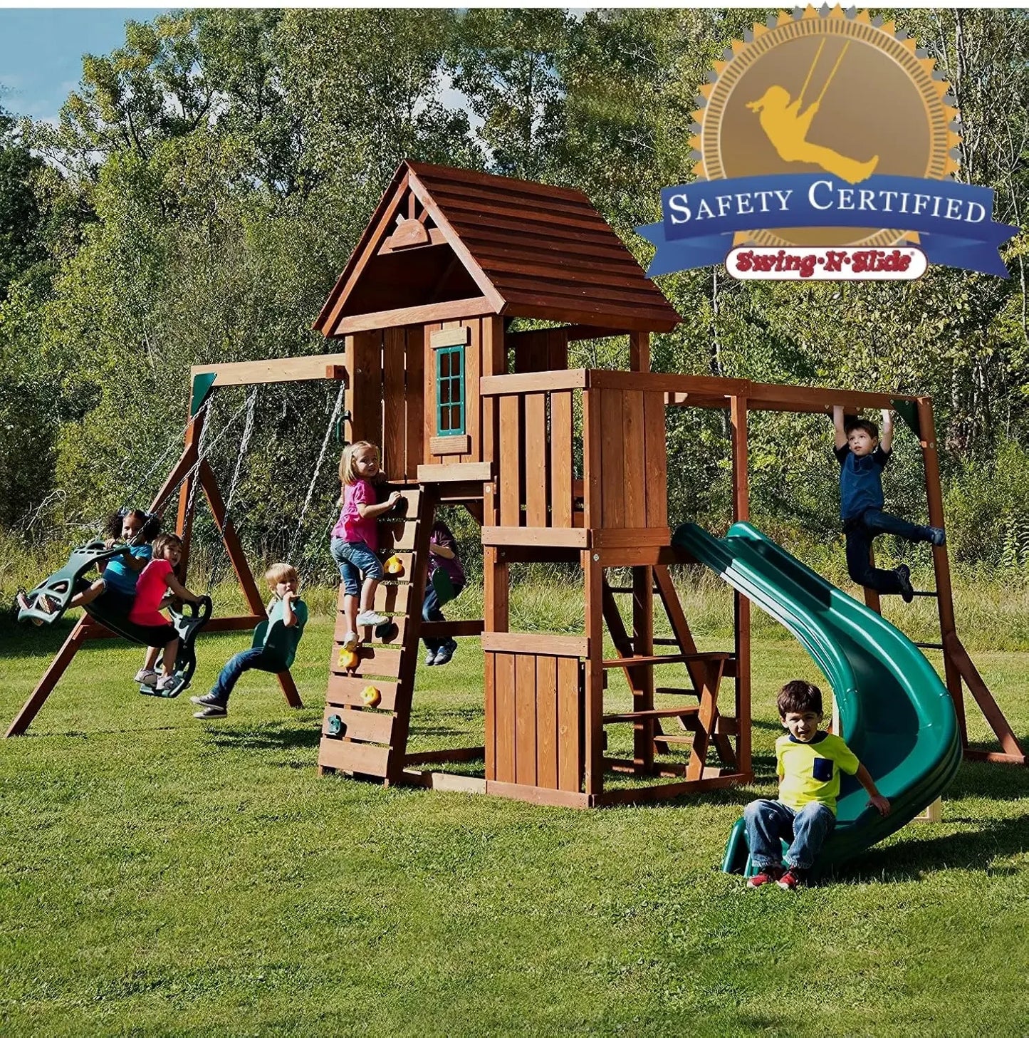Wooden Swing Set With Two Swings, Slide, Monkey Bars
