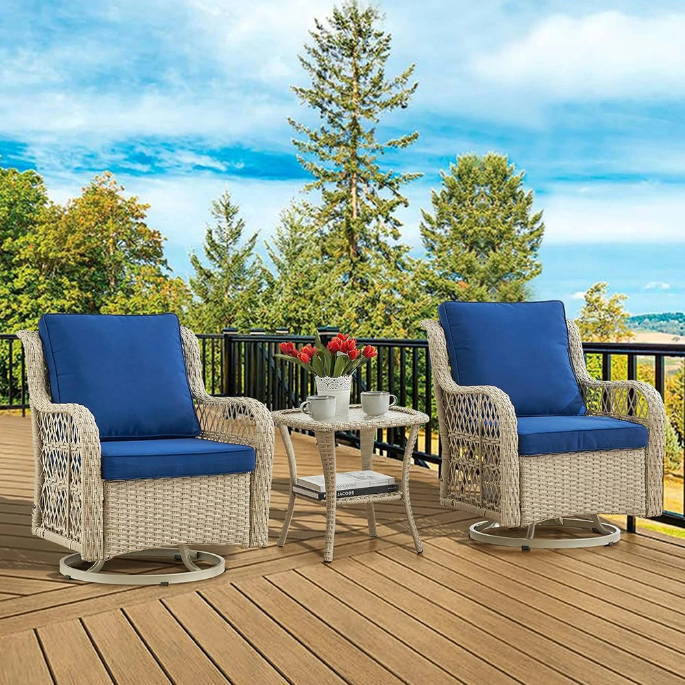 HiMISS 3 Piece Wicker Patio Set With Two Swivel Chairs And Glass Table
