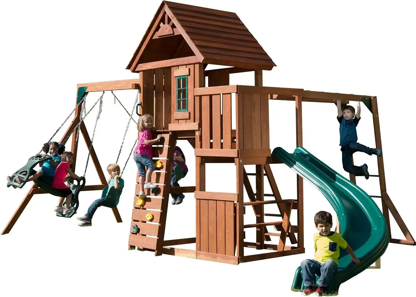 Wooden Swing Set With Two Swings, Slide, Monkey Bars