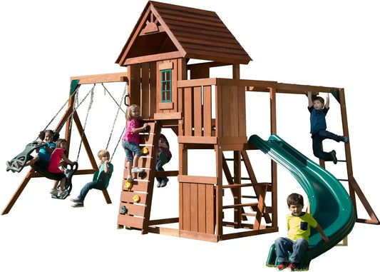 Wooden Swing Set With Two Swings, Slide, Monkey Bars