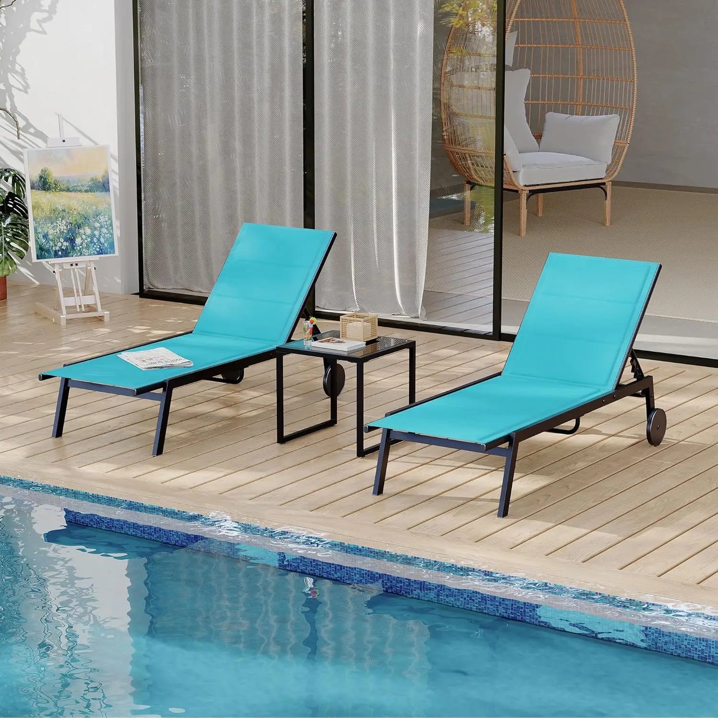 HiMISS 3 Piece Outdoor Chaise Set With Wheels And Table