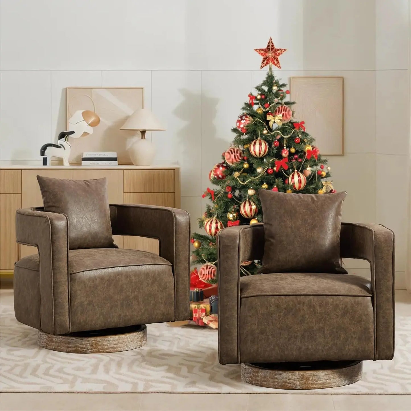 Upholstered Swivel Accent Chair Set Of 2 With Pillow