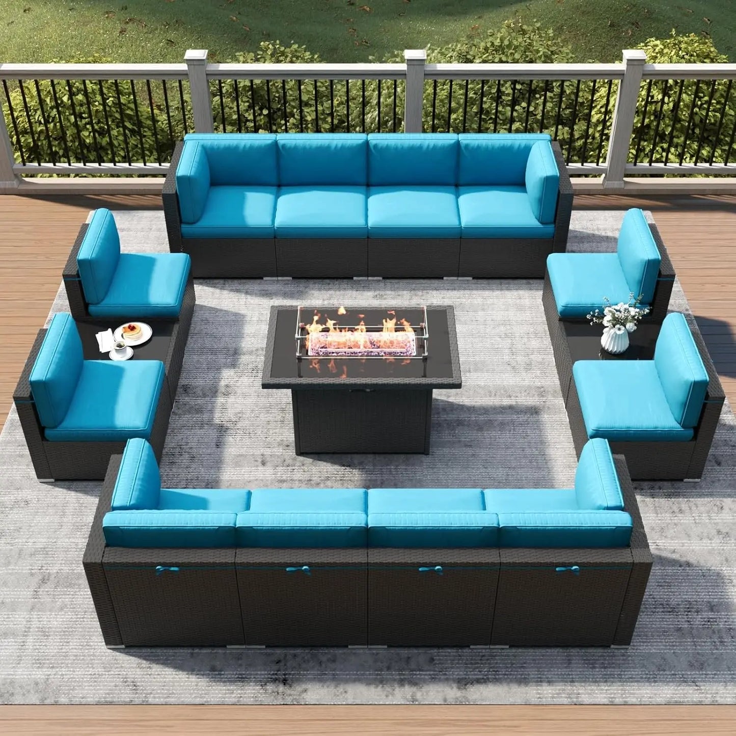 Outdoor Patio Furniture Set With Fire Pit Table Wicker Rattan