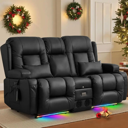 Massage And Heat Reclining Loveseat With USB Storage LED Lights