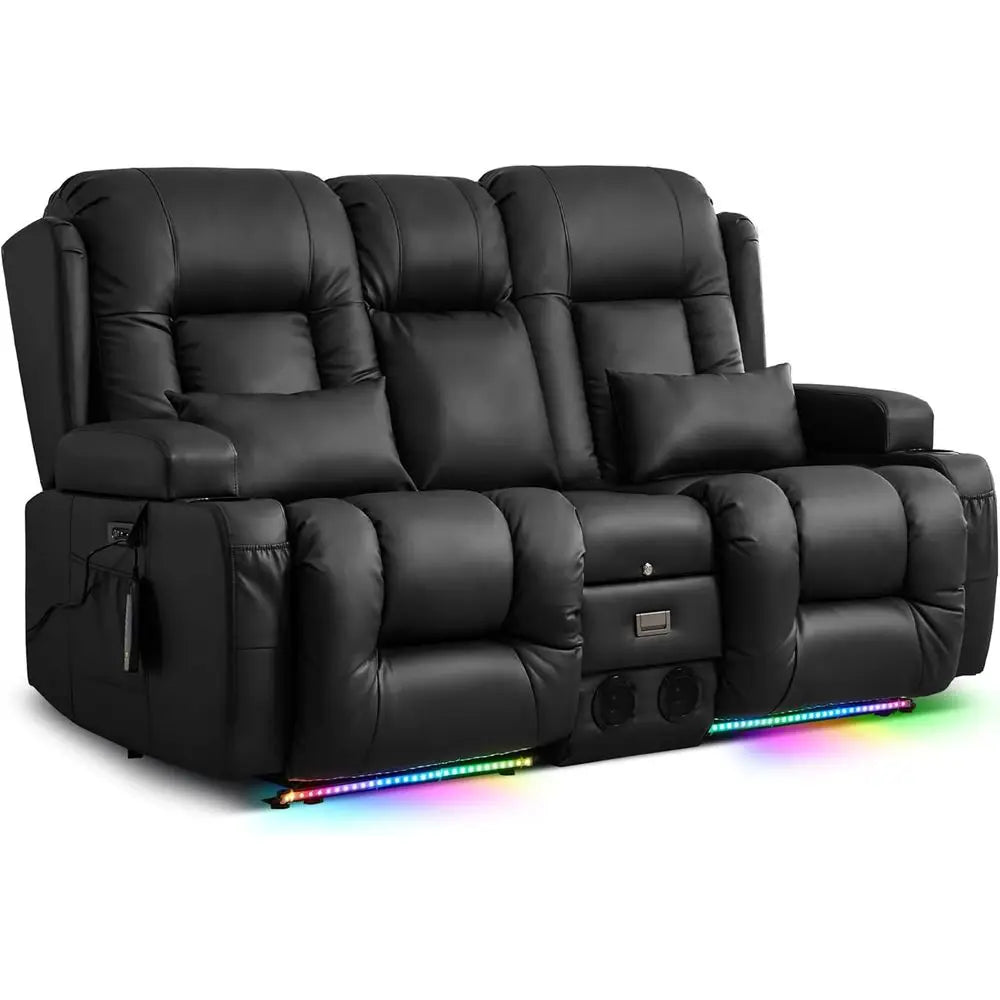 Massage And Heat Reclining Loveseat With USB Storage LED Lights
