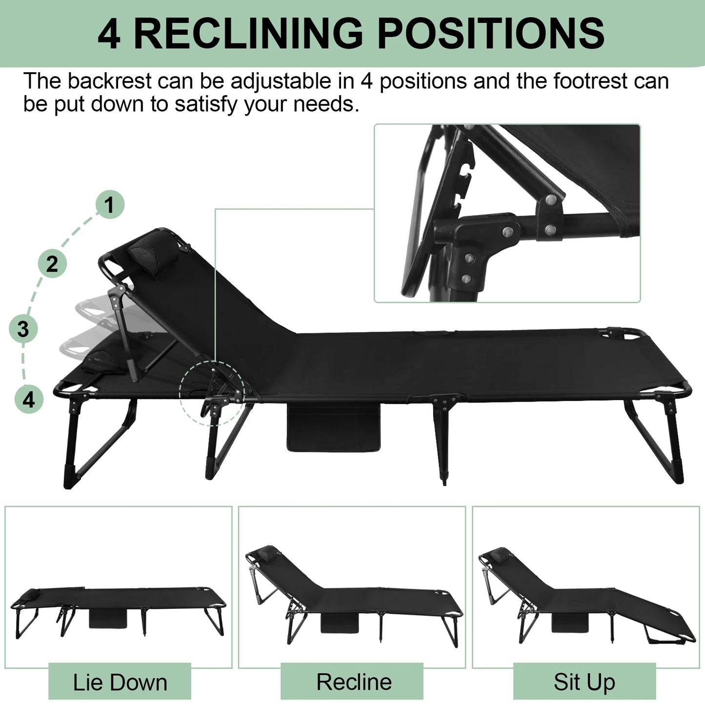 Portable Folding Camping Cot With Pillow, 3-Position Adjustable Lounge Chair