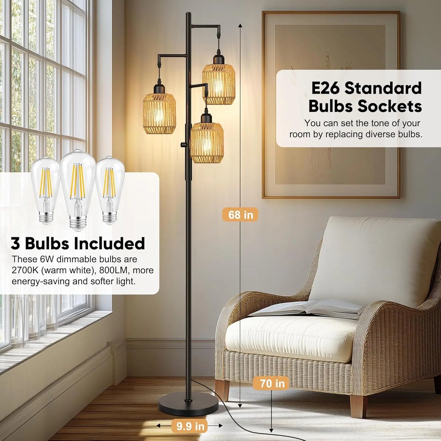 Dimmable Boho Floor Lamp With 3 Light Rattan Design