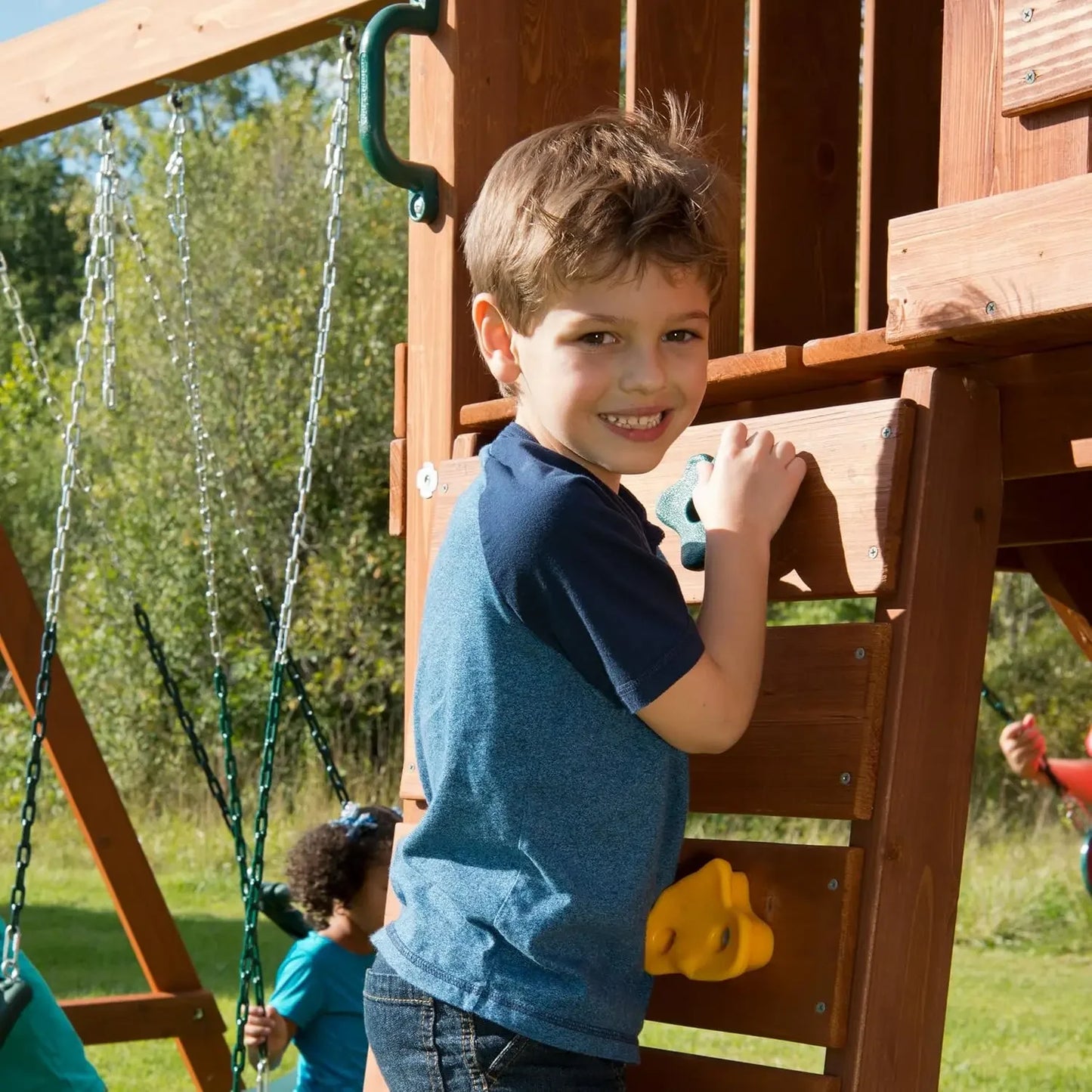 Wooden Swing Set With Two Swings, Slide, Monkey Bars