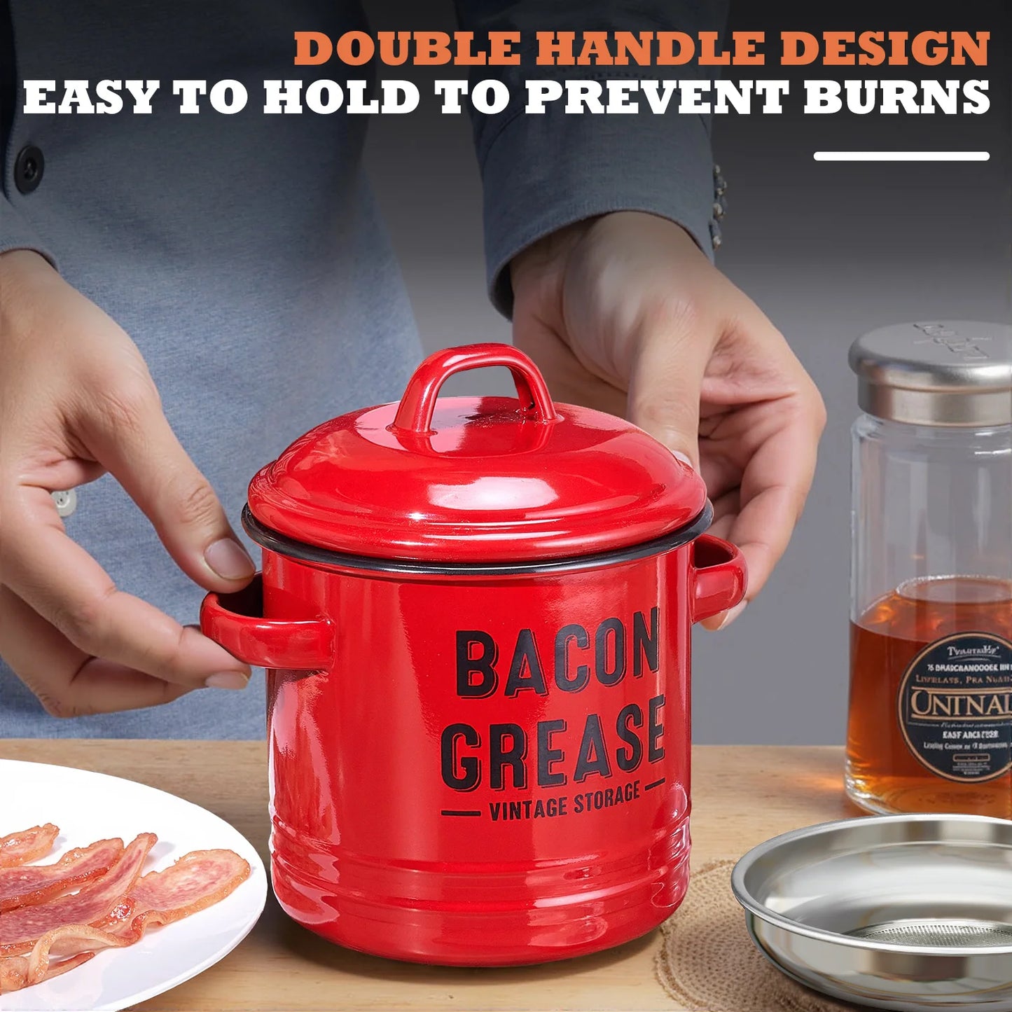 Bacon Grease Container With Strainer For Kitchen Oil Storage