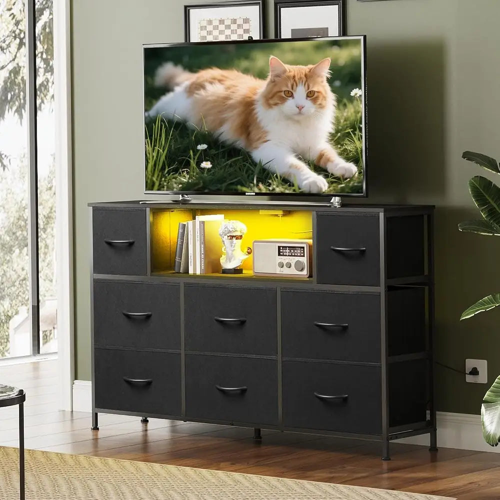 Modern TV Stand With LED Lights Charging Station 8 Drawers