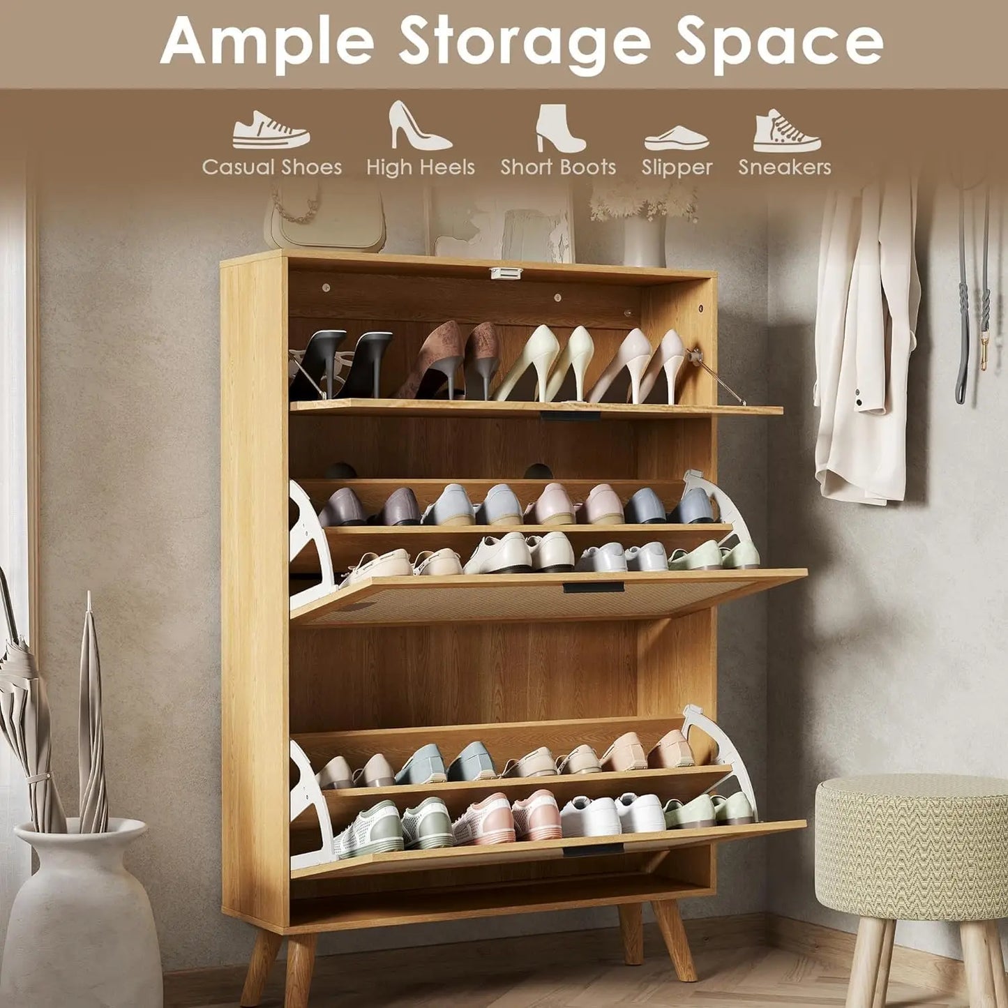Natural Rattan Entryway Shoe Cabinet With Two Flip Drawers