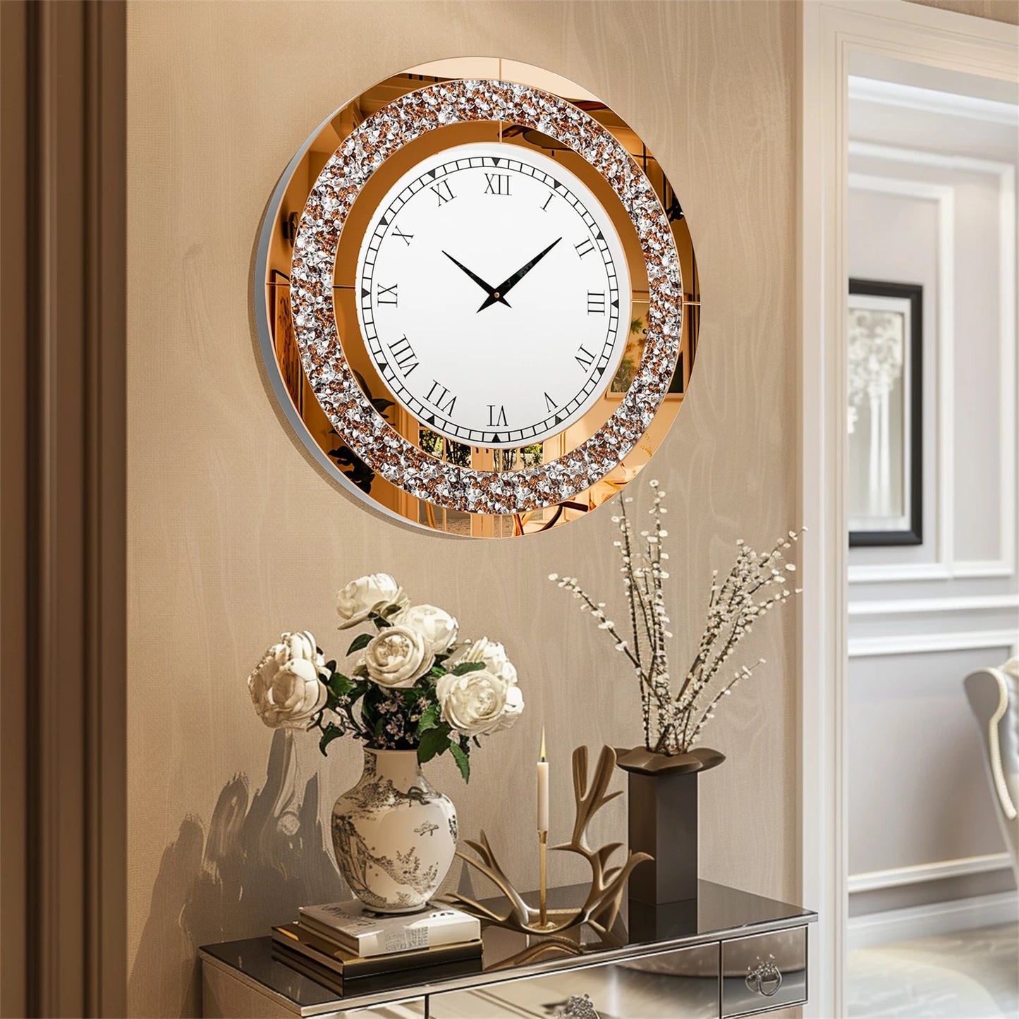 Glam Sparkle Round Mirror Wall Clock For Home Decor