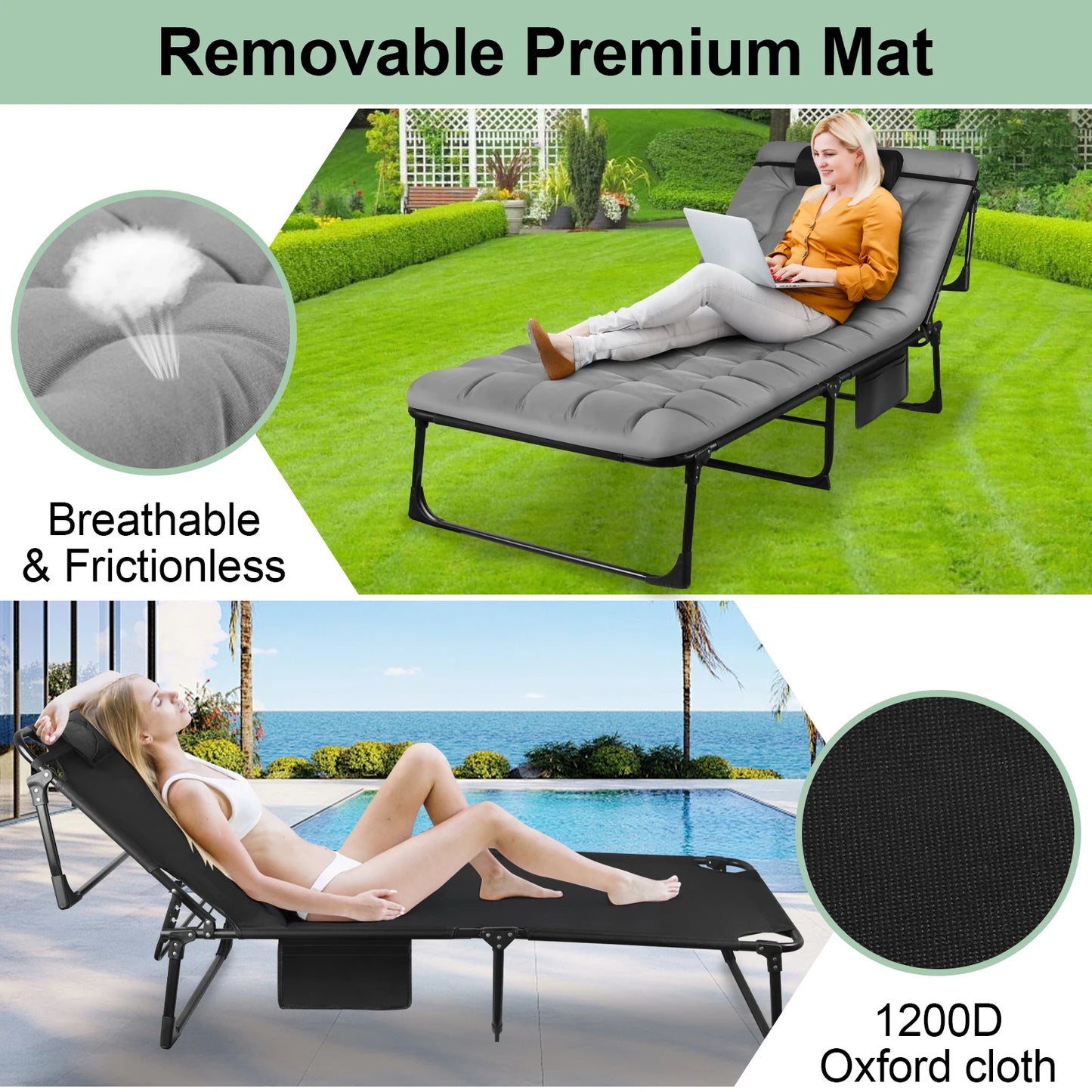 Portable Folding Camping Cot With Pillow, 3-Position Adjustable Lounge Chair