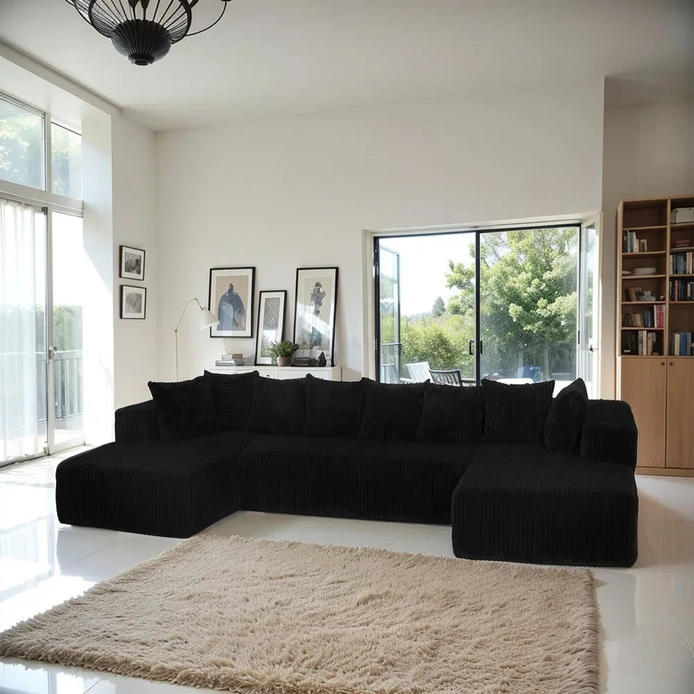 NONECN U Shaped Sectional Sofa With Striped Corduroy Fabric