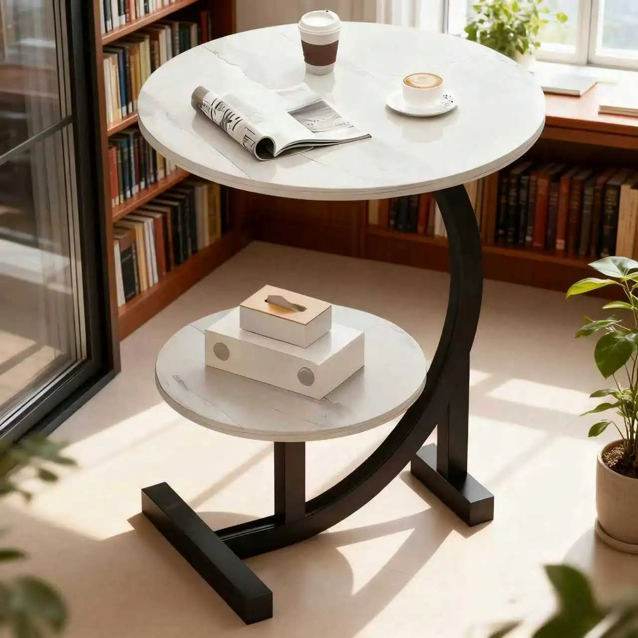 Modern Marble Pattern Side Table With Storage Shelves