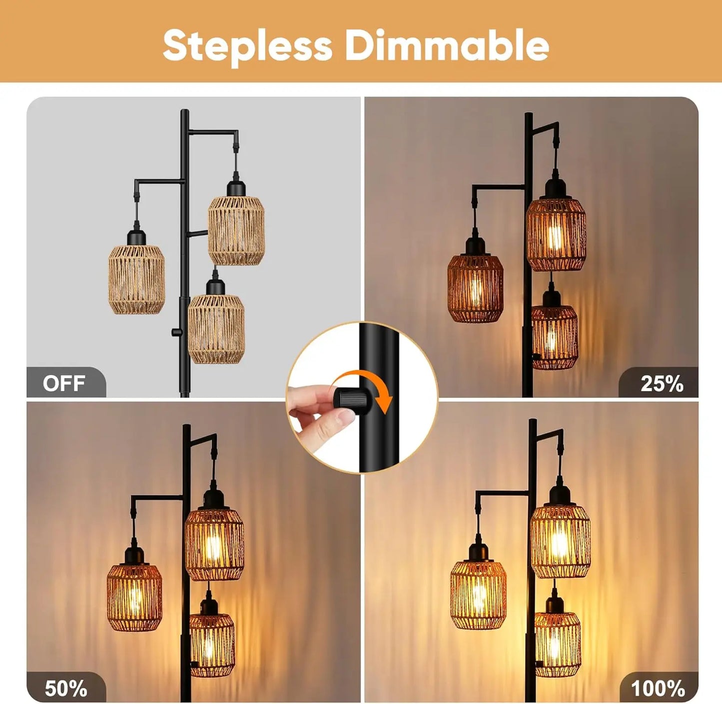 Dimmable Boho Floor Lamp With 3 Light Rattan Design