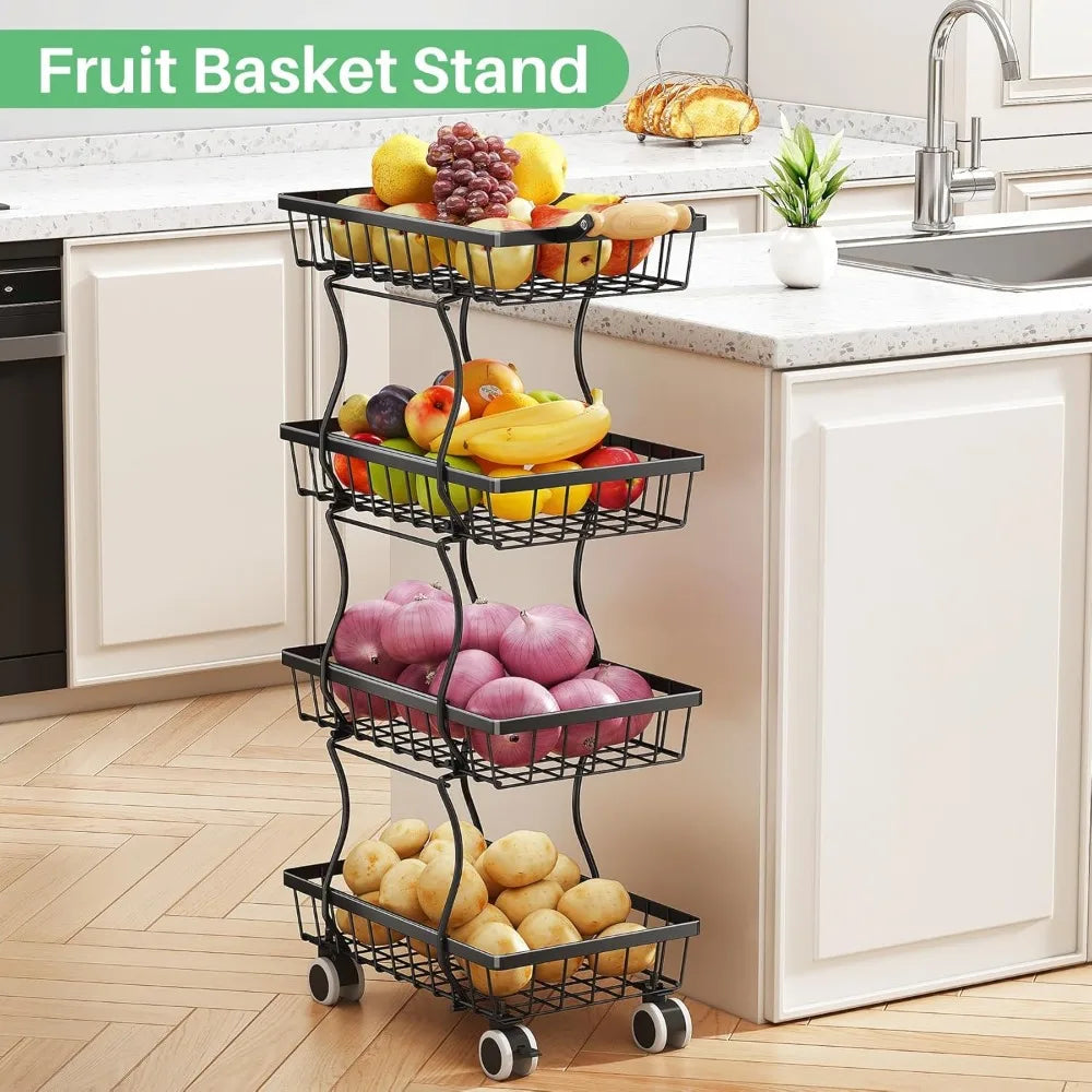 4 Tier Stackable Metal Wire Fruit Basket Organizer For Pantry