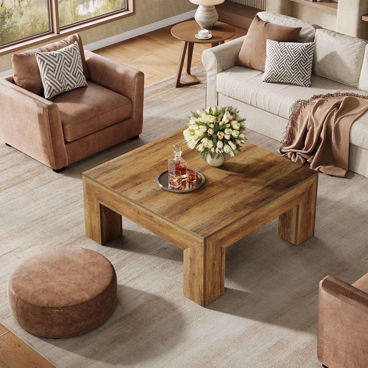 Tribesigns Farmhouse Square Coffee Table With Sturdy Wooden Legs
