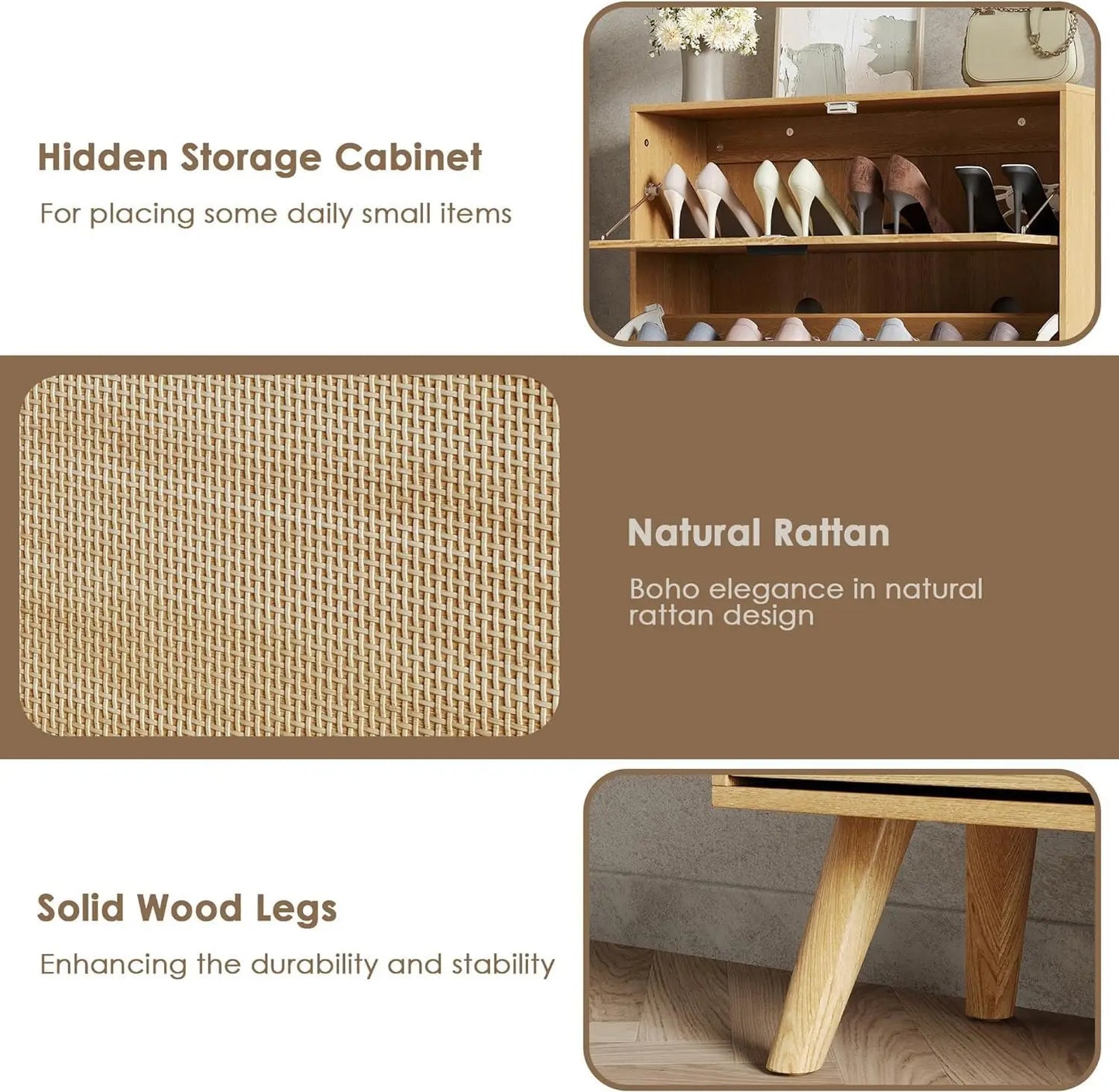 Natural Rattan Entryway Shoe Cabinet With Two Flip Drawers