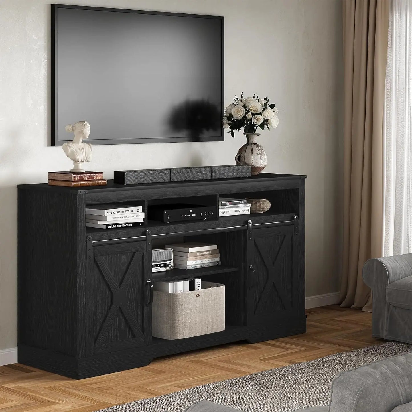 Farmhouse TV Stand with Storage Cabinets, Mid Century Modern Console