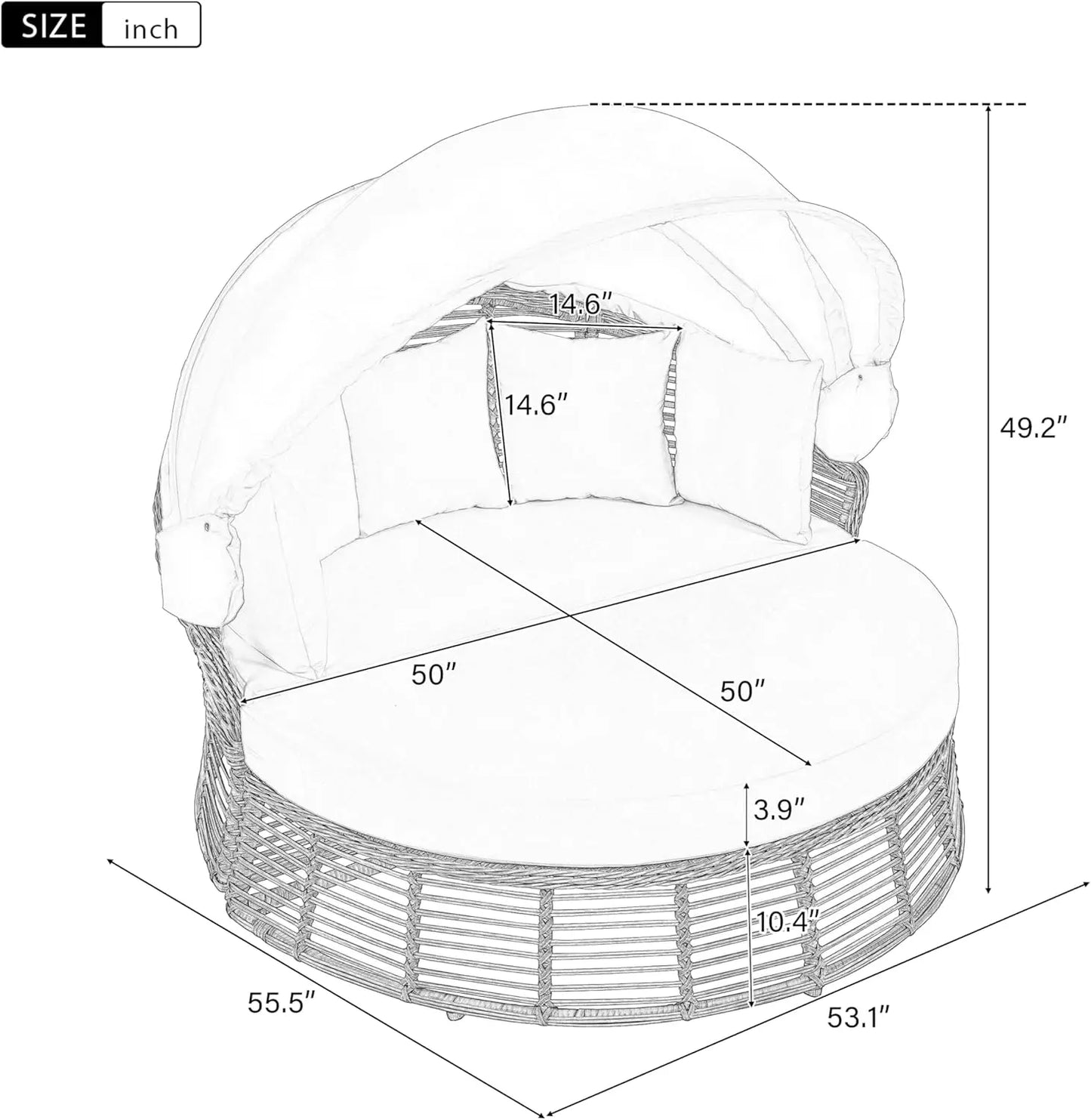 Outdoor Rattan Round Daybed With Retractable Canopy Sunbed Removable Cushions