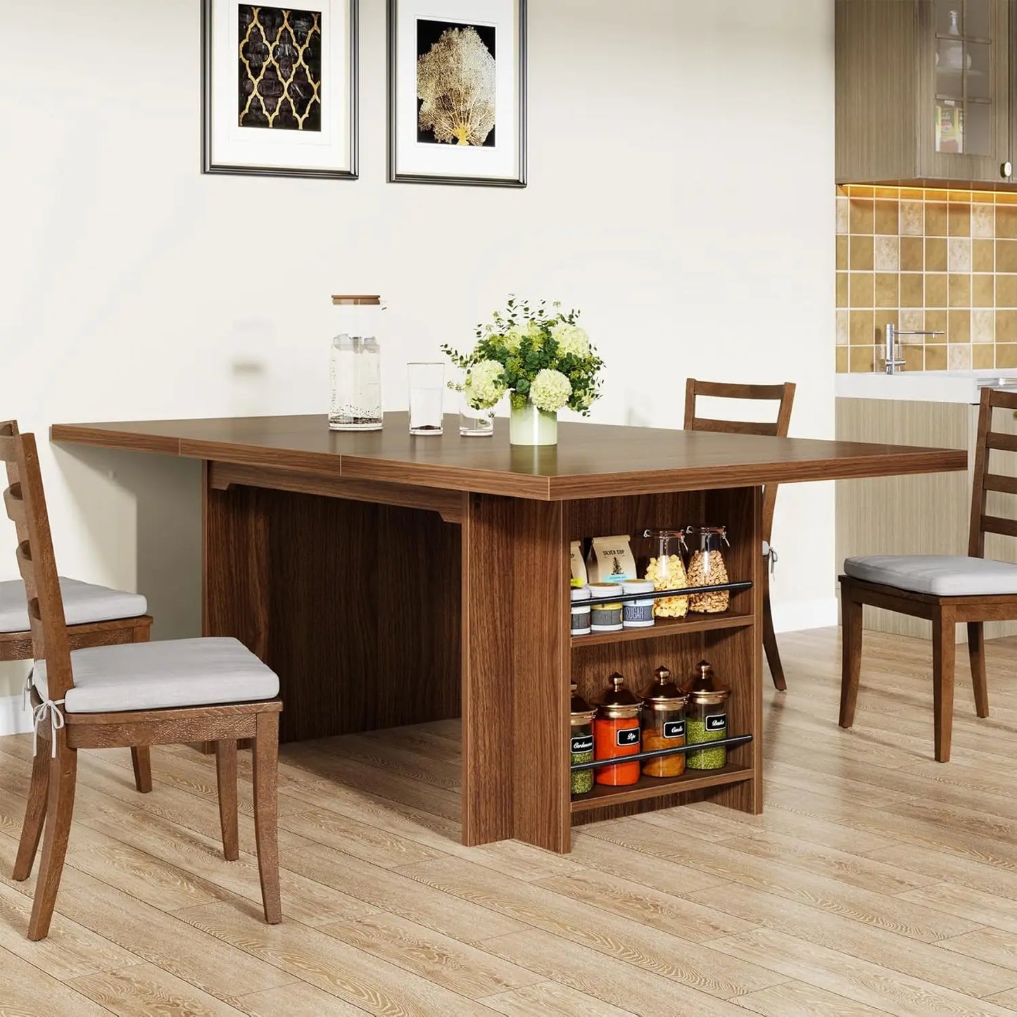 LITTLE TREE Farmhouse Dining Table With Storage For Dining Room