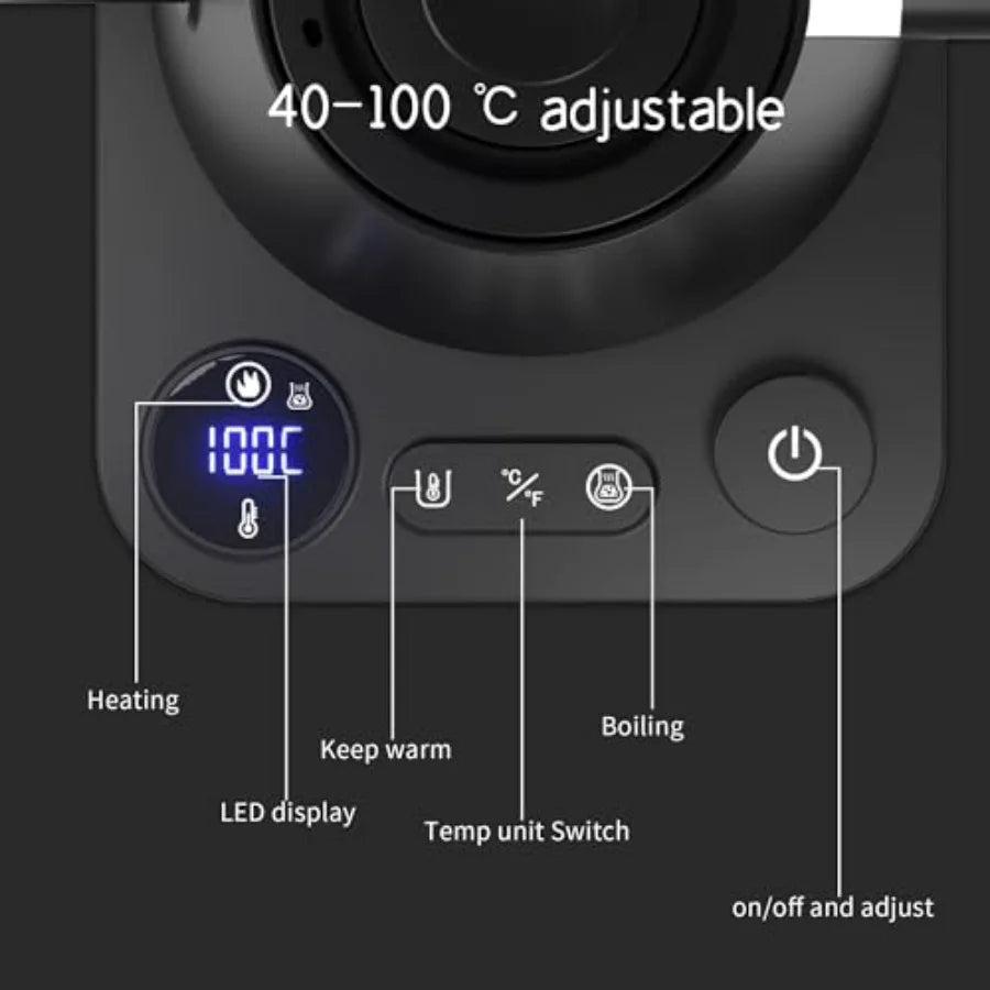 Electric Gooseneck Kettle with LCD Display Real-Time Temp Control for Pour Over Coffee Brew Tea Switchable/ 1200W Quick Heating