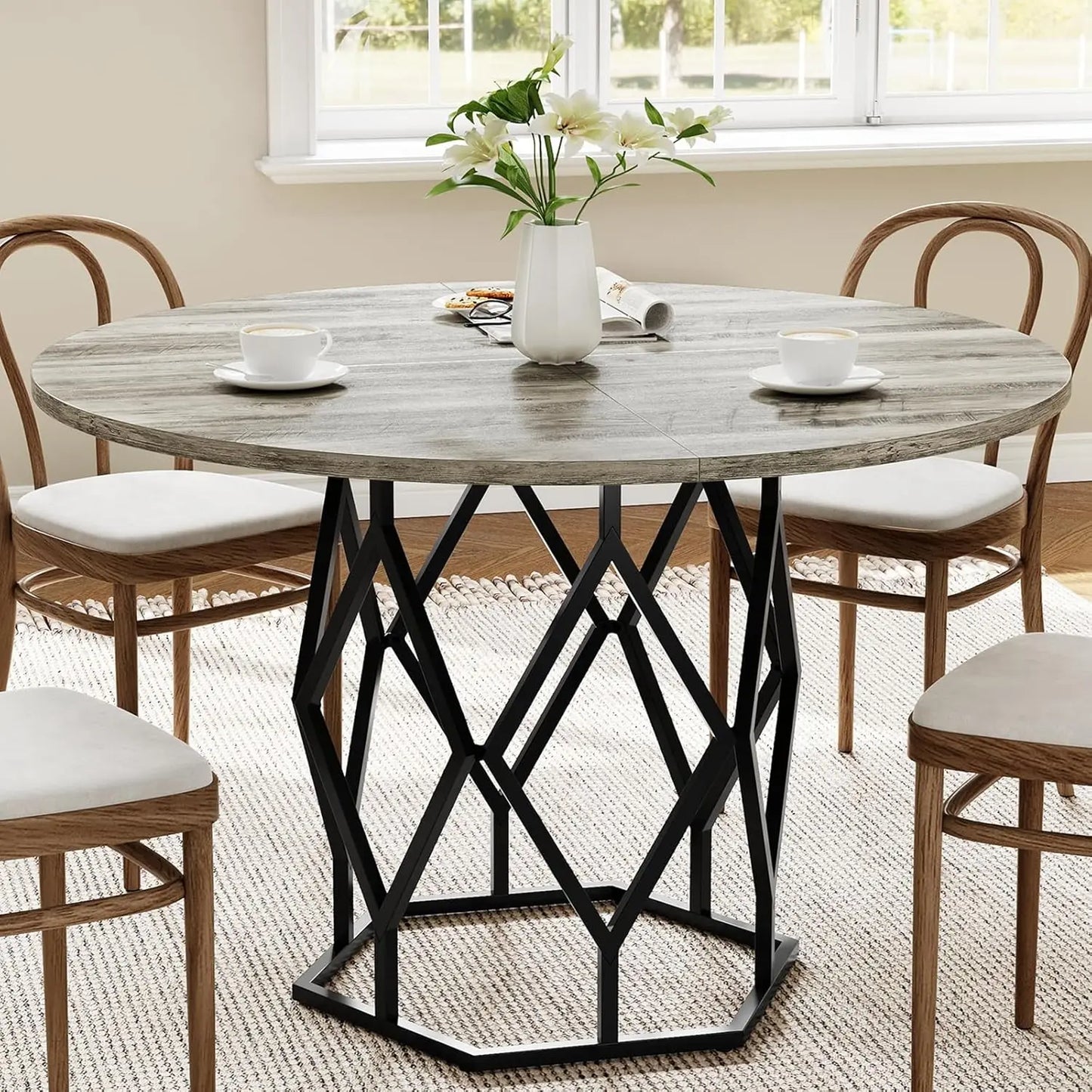 TWISTER.CK Round Dining Table With Wooden Top Metal Diamond Base