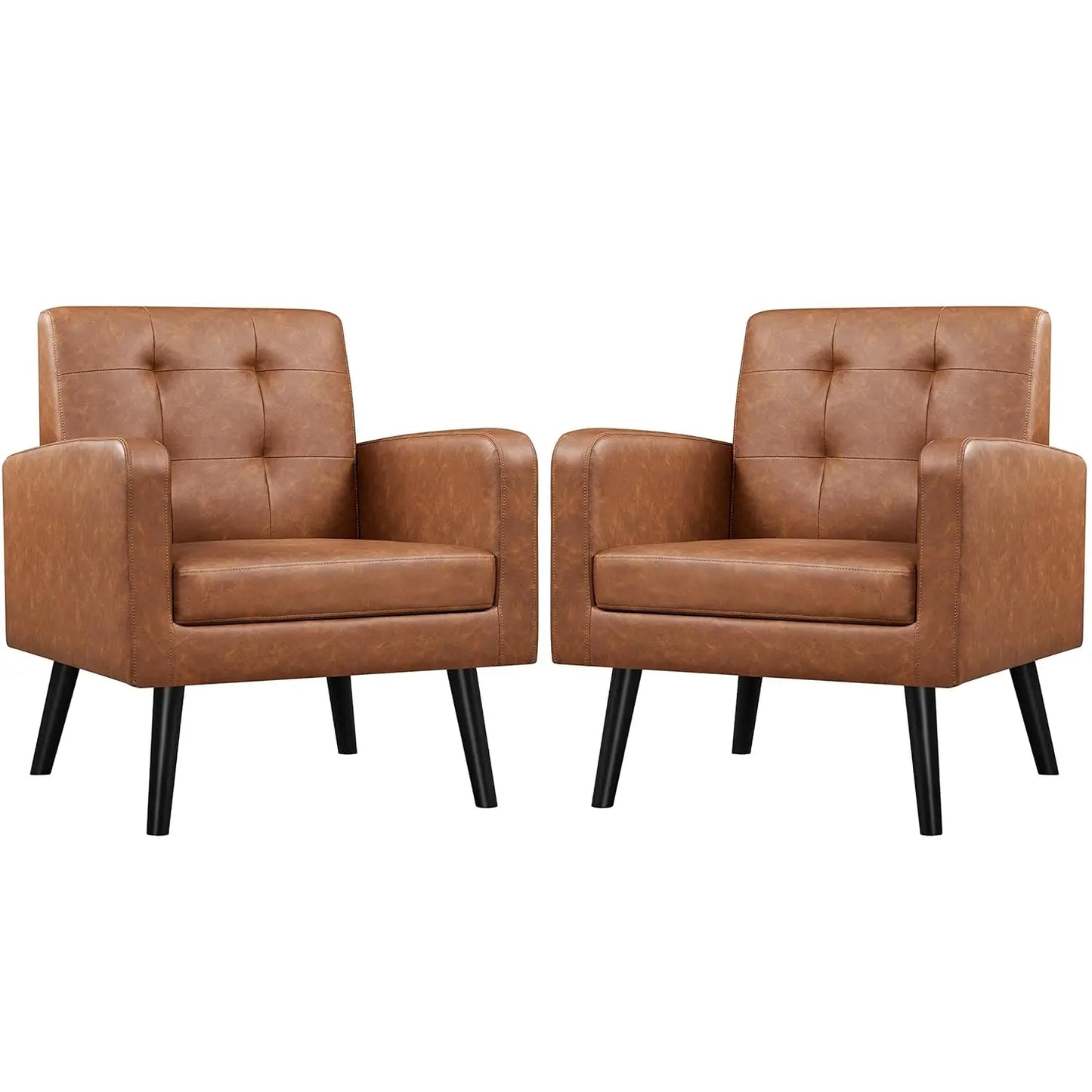 Mid-Century Modern Upholstered Armchairs With Tufted Back And Wood Legs
