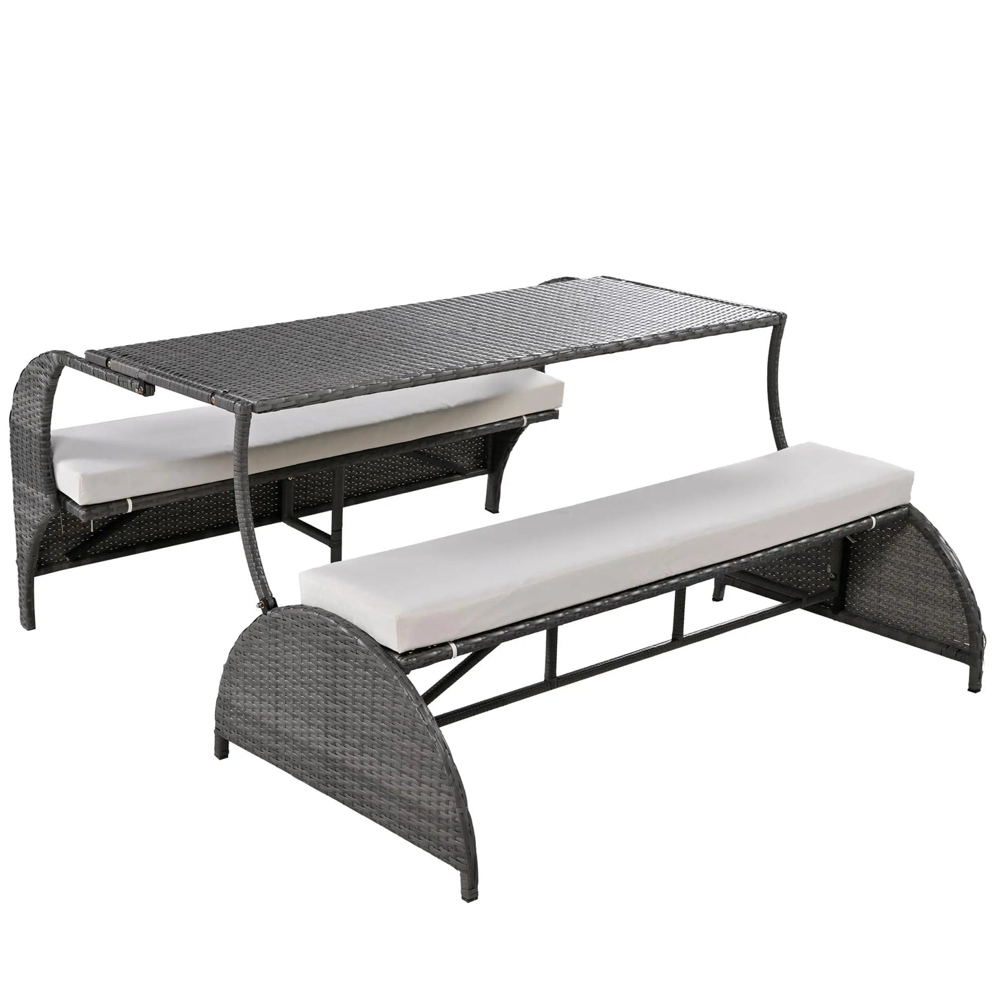 Outdoor Rattan Loveseat Convertible Picnic Table Set for Patio Garden