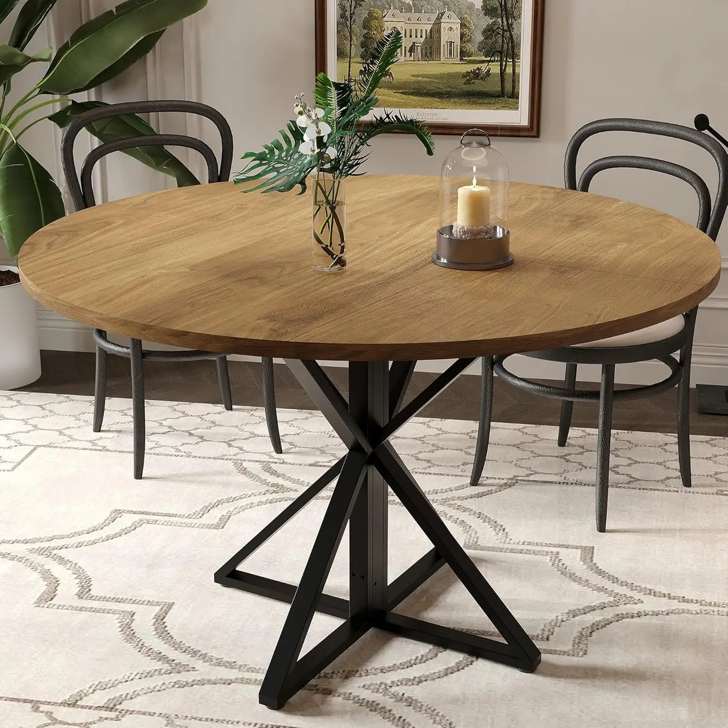 TWISTER.CK Round Dining Table For Four With Wood Top And Pedestal Farmhouse