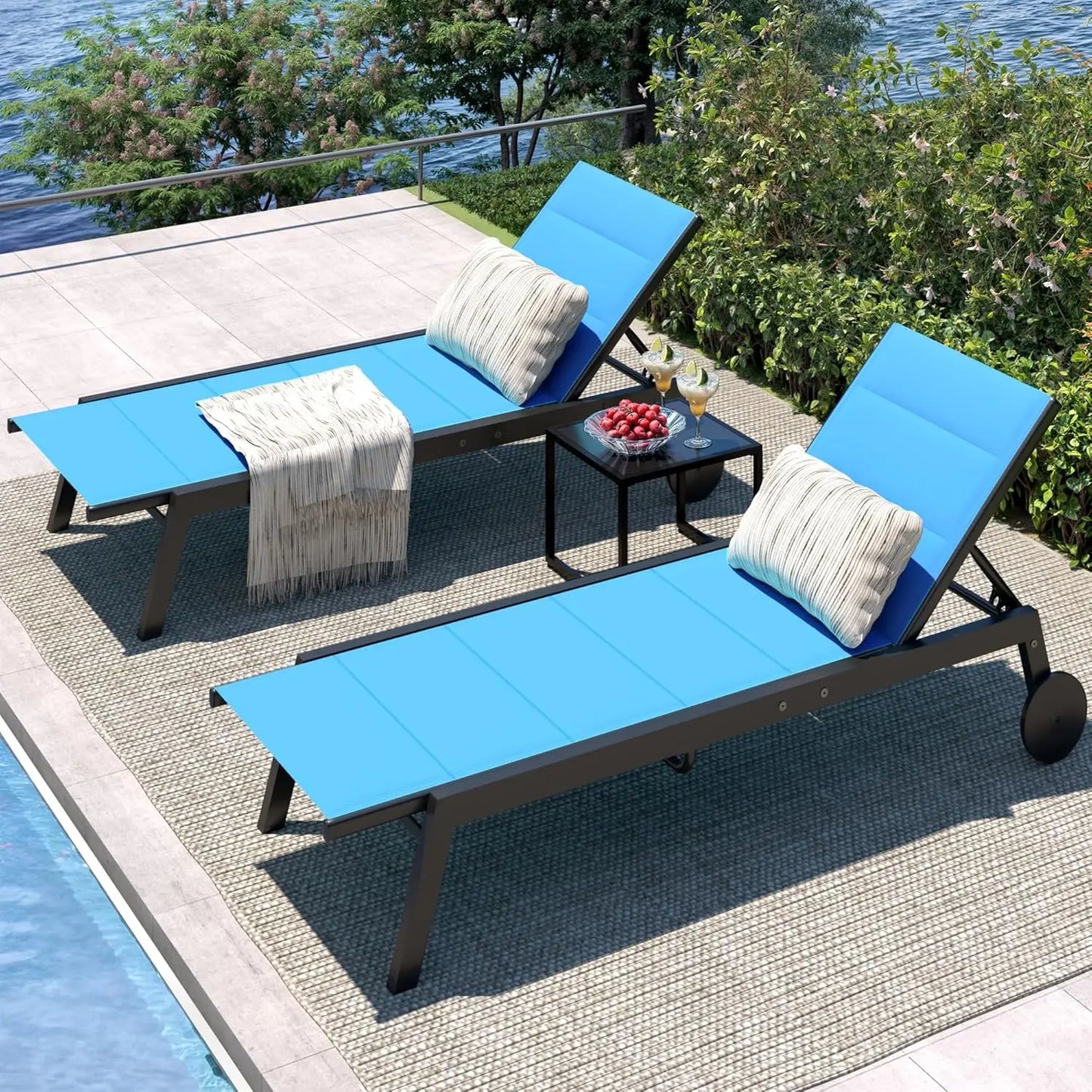 HiMISS 3 Piece Outdoor Chaise Set With Wheels And Table