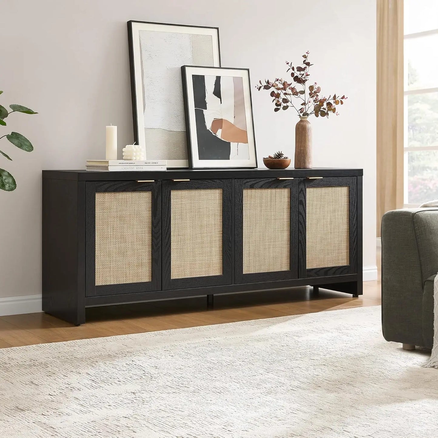 Modern Farmhouse TV Stand With Four Rattan Cabinets