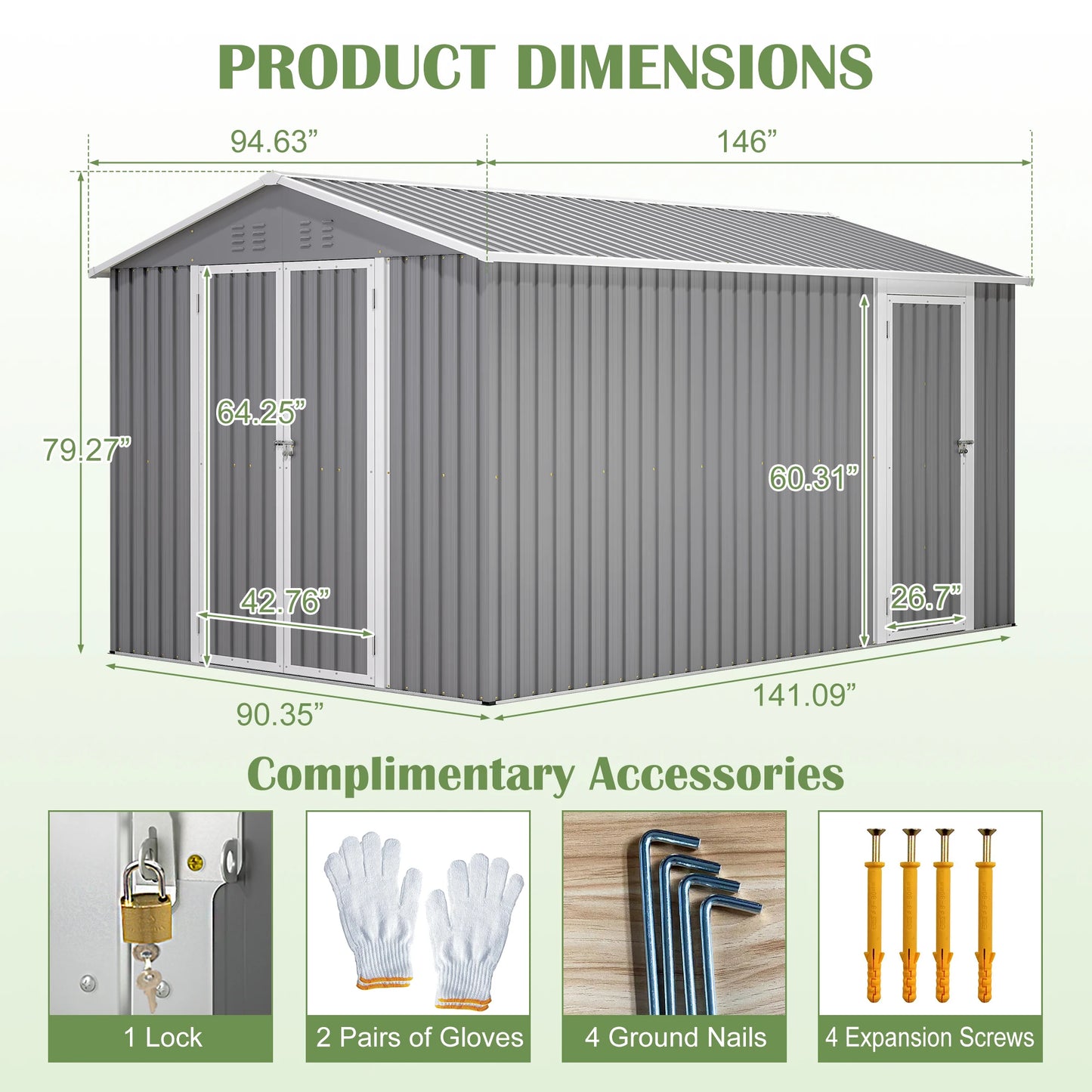 Outdoor Metal Storage Shed With Aluminium Frame And Lockable Doors