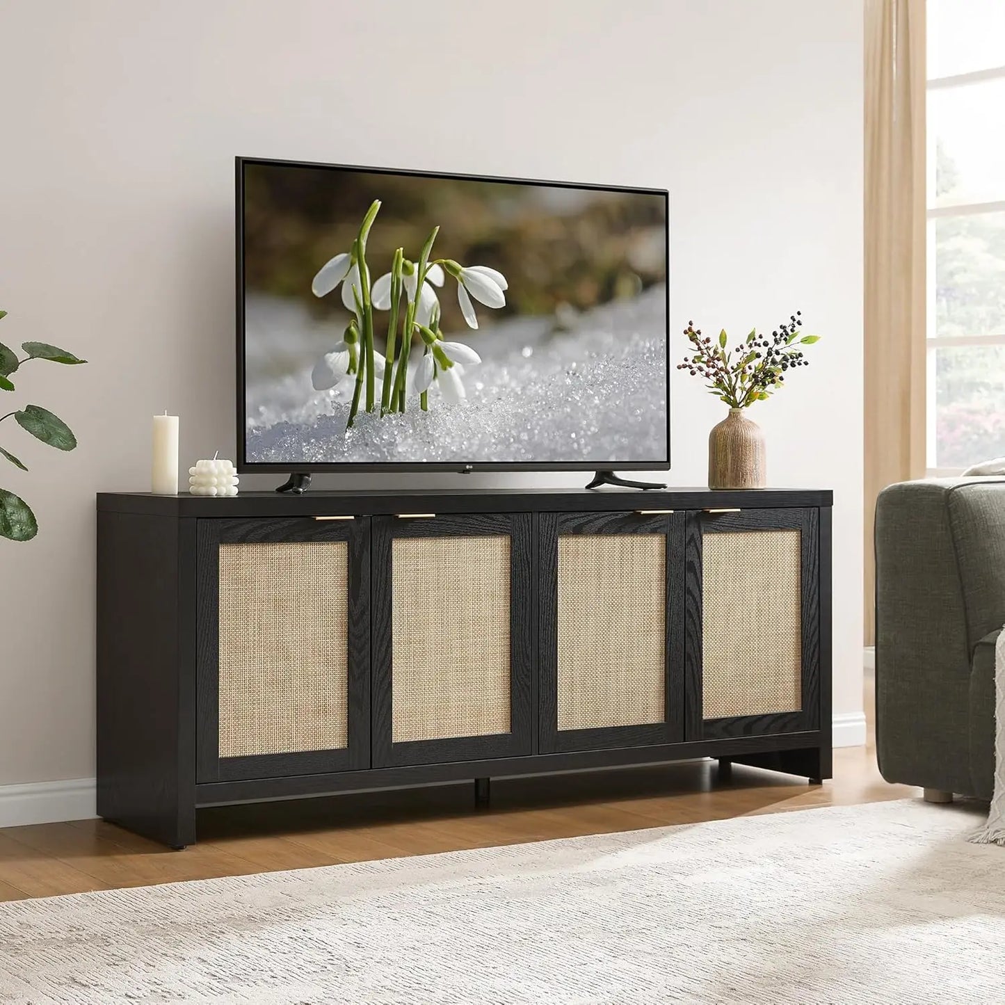 Modern Farmhouse TV Stand With Four Rattan Cabinets