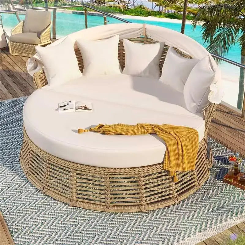 Outdoor Rattan Round Daybed With Retractable Canopy Sunbed Removable Cushions