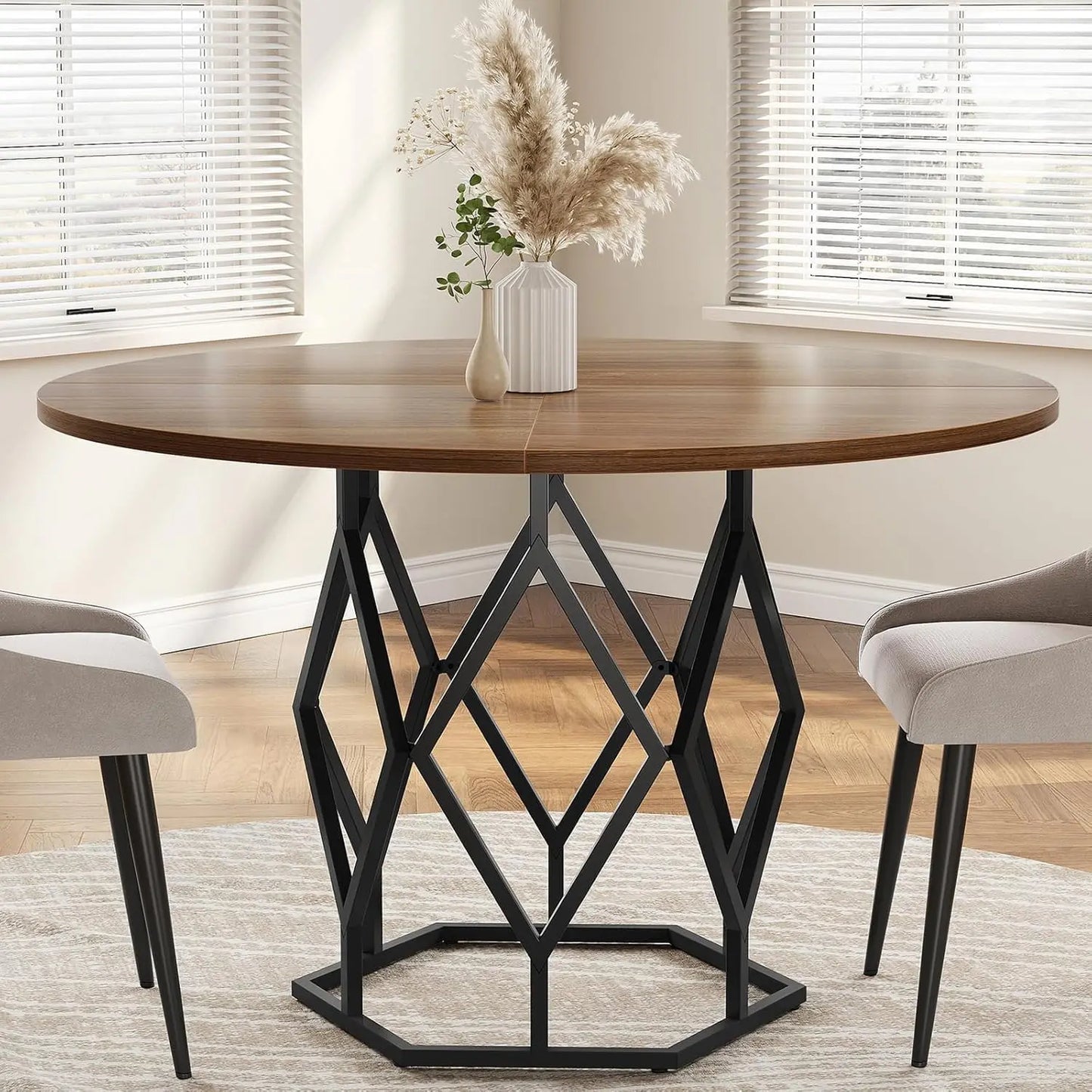TWISTER.CK Round Dining Table With Wooden Top Metal Diamond Base