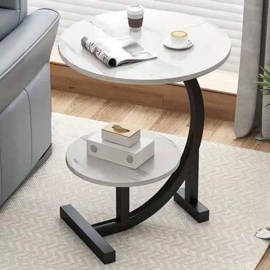 Modern Marble Pattern Side Table With Storage Shelves