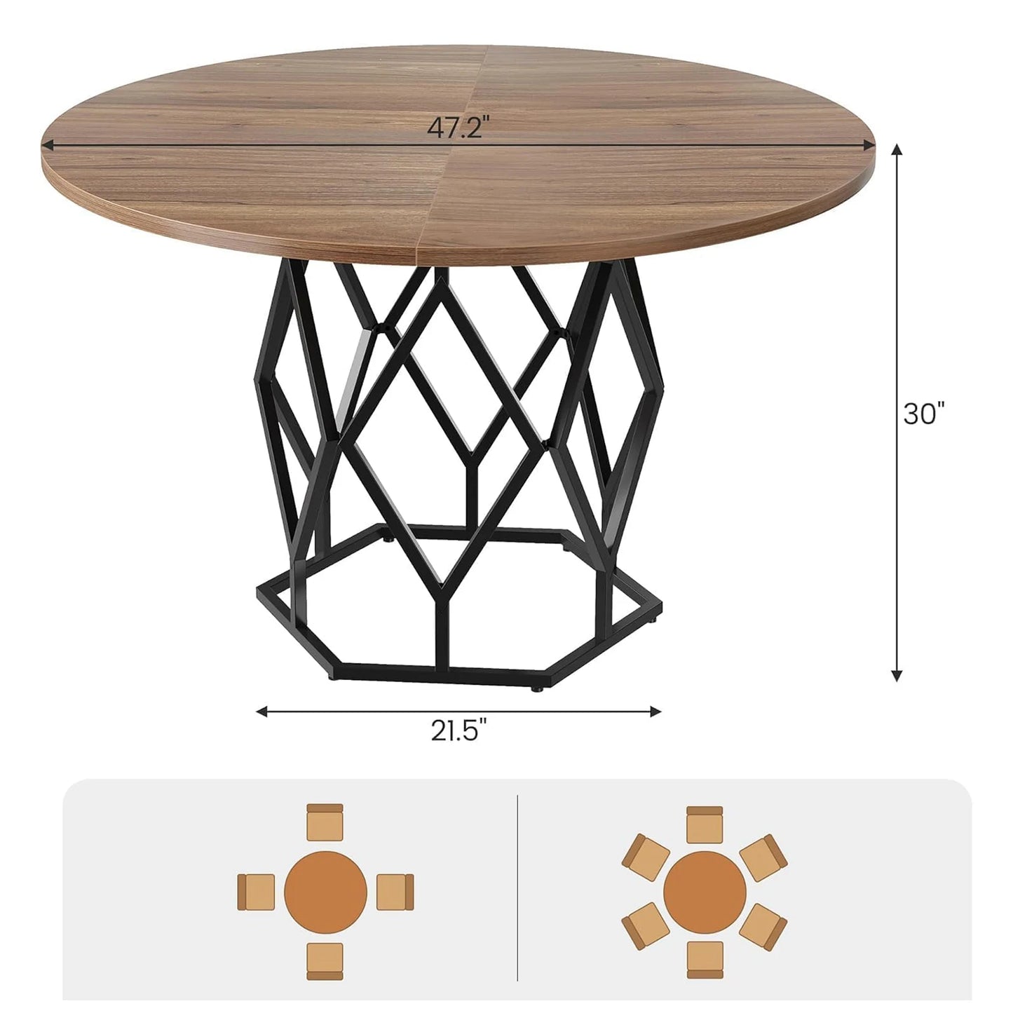 TWISTER.CK Round Dining Table With Wooden Top Metal Diamond Base