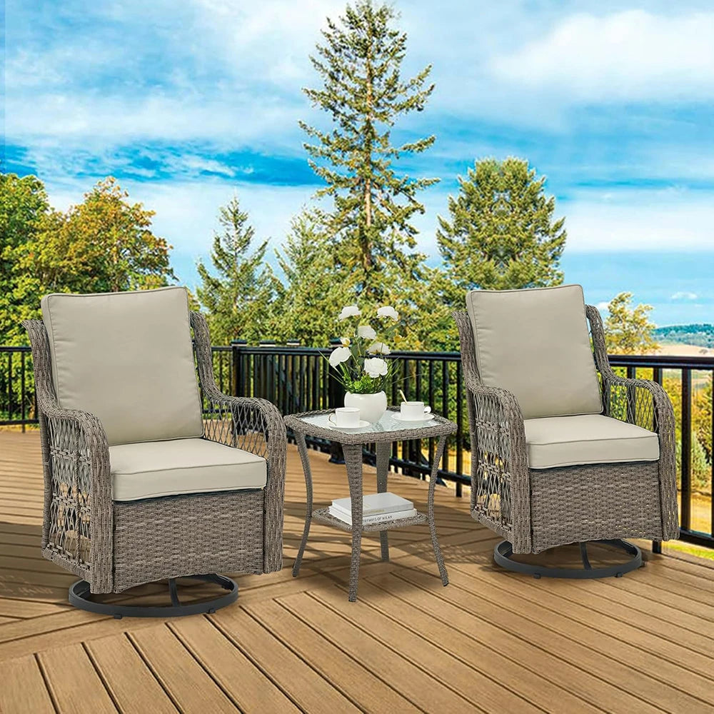 HiMISS 3 Piece Wicker Patio Set With Two Swivel Chairs And Glass Table