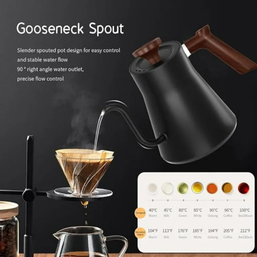 Electric Gooseneck Kettle with LCD Display Real-Time Temp Control for Pour Over Coffee Brew Tea Switchable/ 1200W Quick Heating