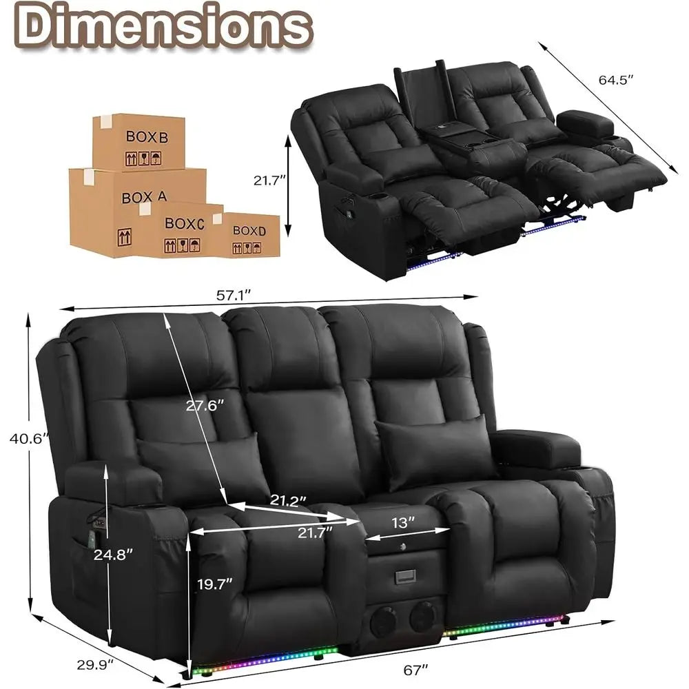 Massage And Heat Reclining Loveseat With USB Storage LED Lights