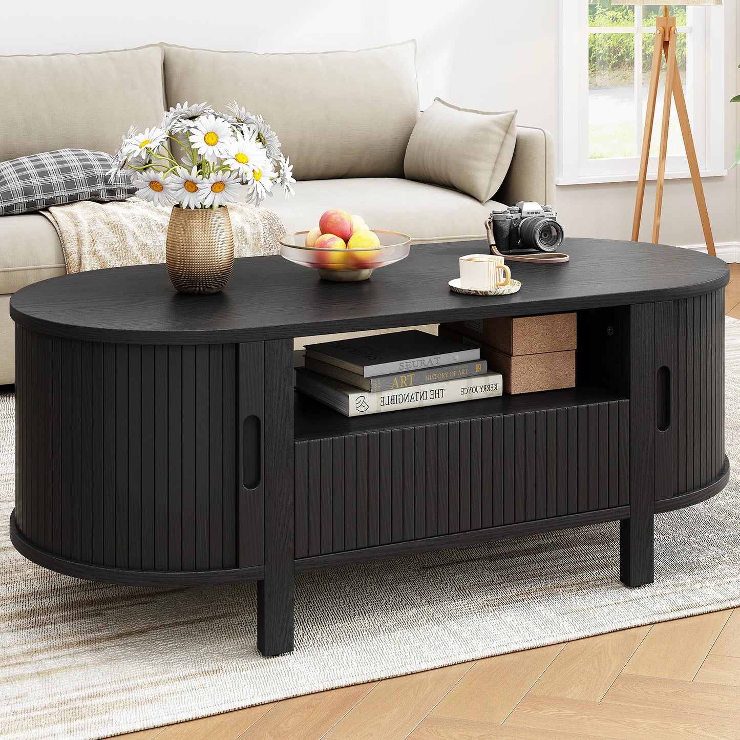 Oval Coffee Table With Cabinets And Sliding Doors