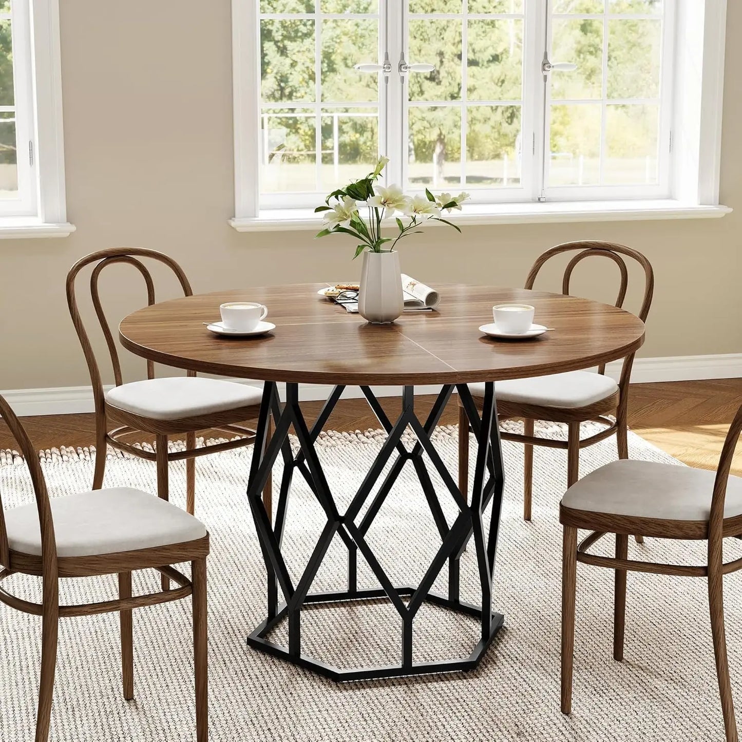 TWISTER.CK Round Dining Table With Wooden Top Metal Diamond Base