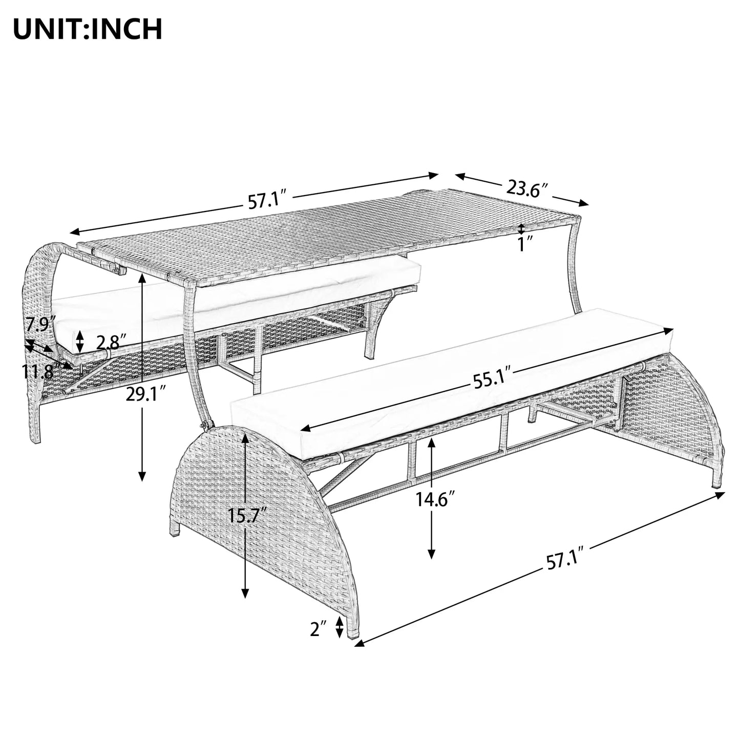 Outdoor Rattan Loveseat Convertible Picnic Table Set for Patio Garden