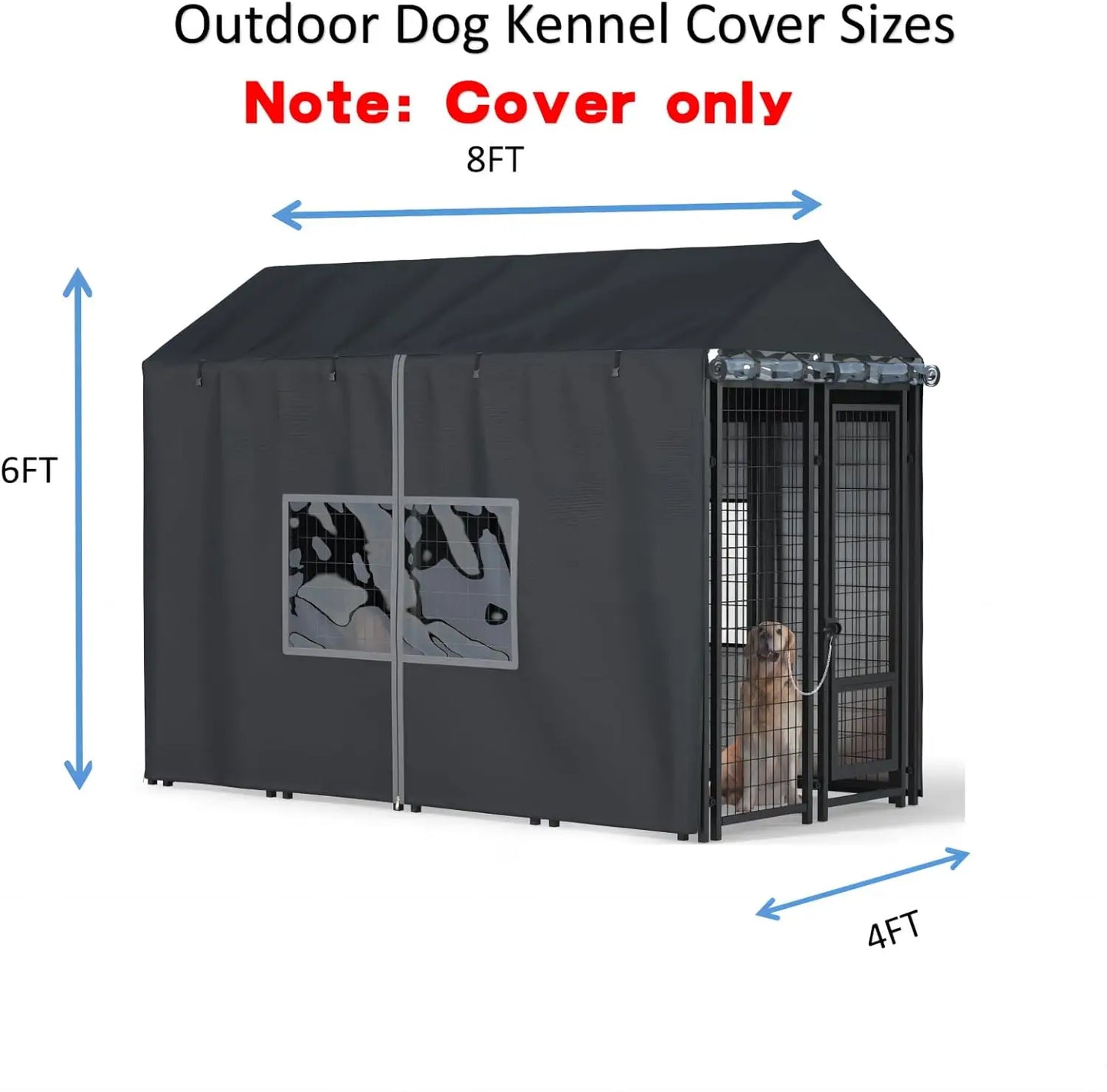 Outdoor Dog Kennel Cover 8x4x6 FT Waterproof Cold Resistant with Zippers & PVC Windows for Pet Protection