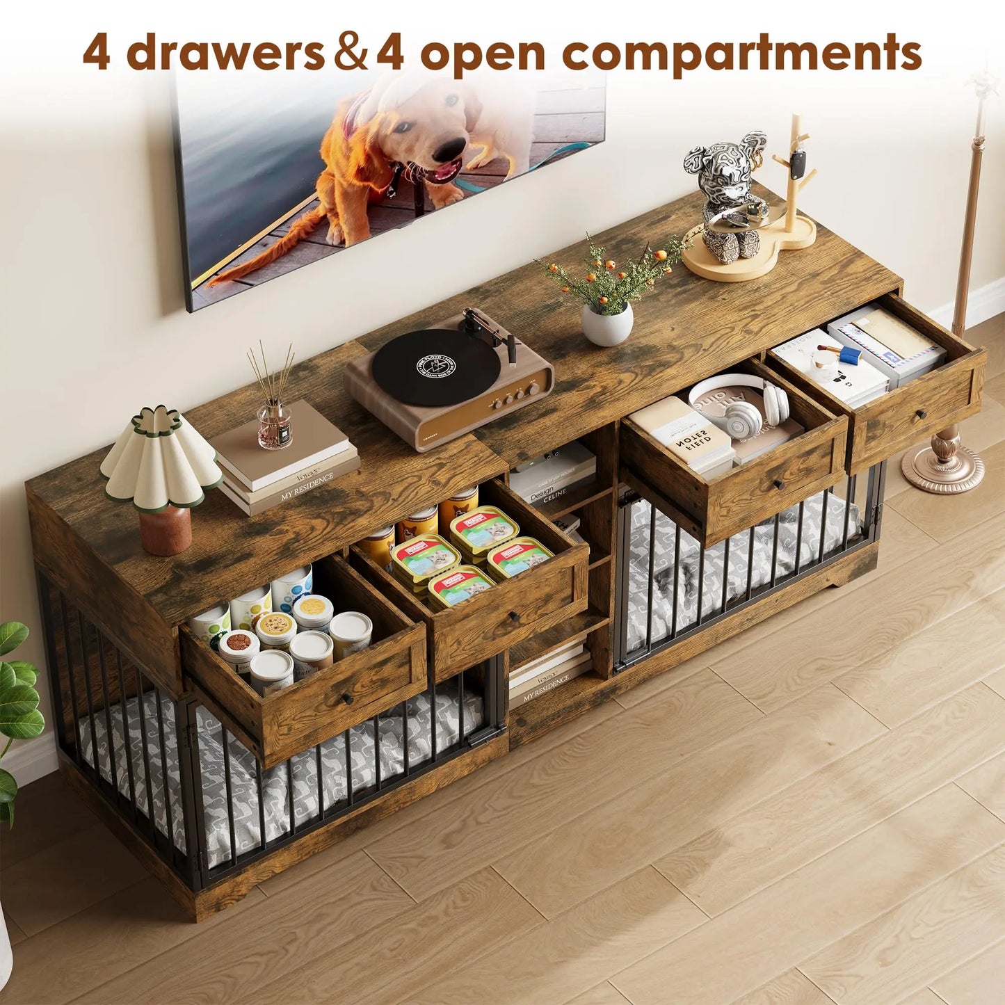 HiMISS Double Dog Crate Furniture TV Stand With Drawers